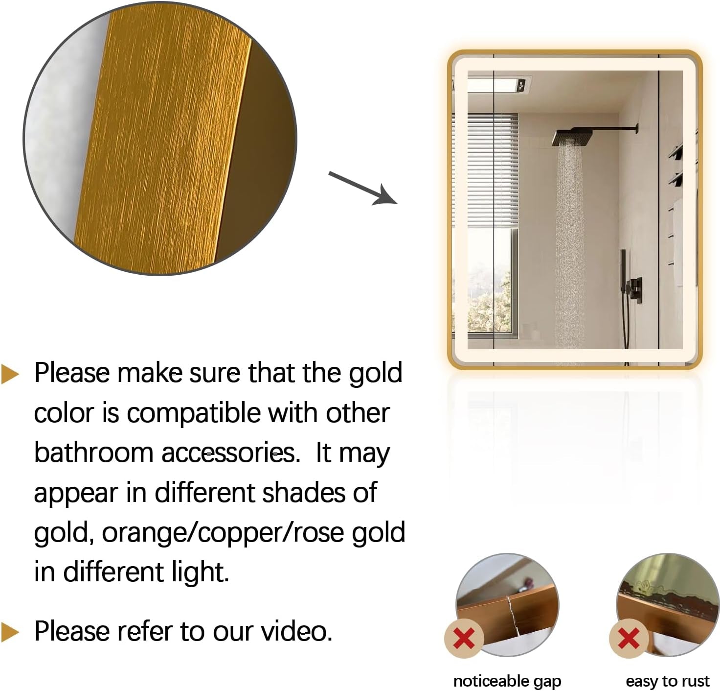 Rectangle LED Bathroom Mirror, 30"X22" Anti-Fog Double Touch Lighted Wall Vanity Mirror 45° Beveled Metal Frame Stepless Adjustable Color Temperature Smart Mirror 3000K-6000K, Gold