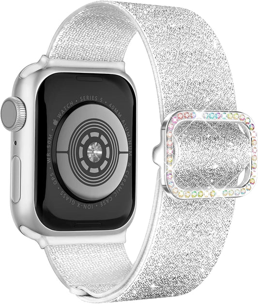Sparkly Stretchy Nylon Band Fit Bling Apple Watch Bands for Women 42Mm 41Mm 40Mm 38Mm, Elastic Sport Solo Loop Iwatch Bands for Cute Glitter Iphone Watch Band Series 10 9 8 7 6 5 4 3 Se-Silver