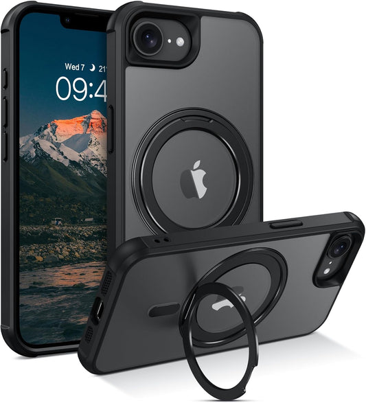 for Iphone 16E Case, Iphone 16E Magnetic Phone Case with Magsafe Rotatable Invisible Kickstand Ring Holder Design Shockproof Women Men Girl Boy Protective Cover for Iphone 16E 6.1", Black