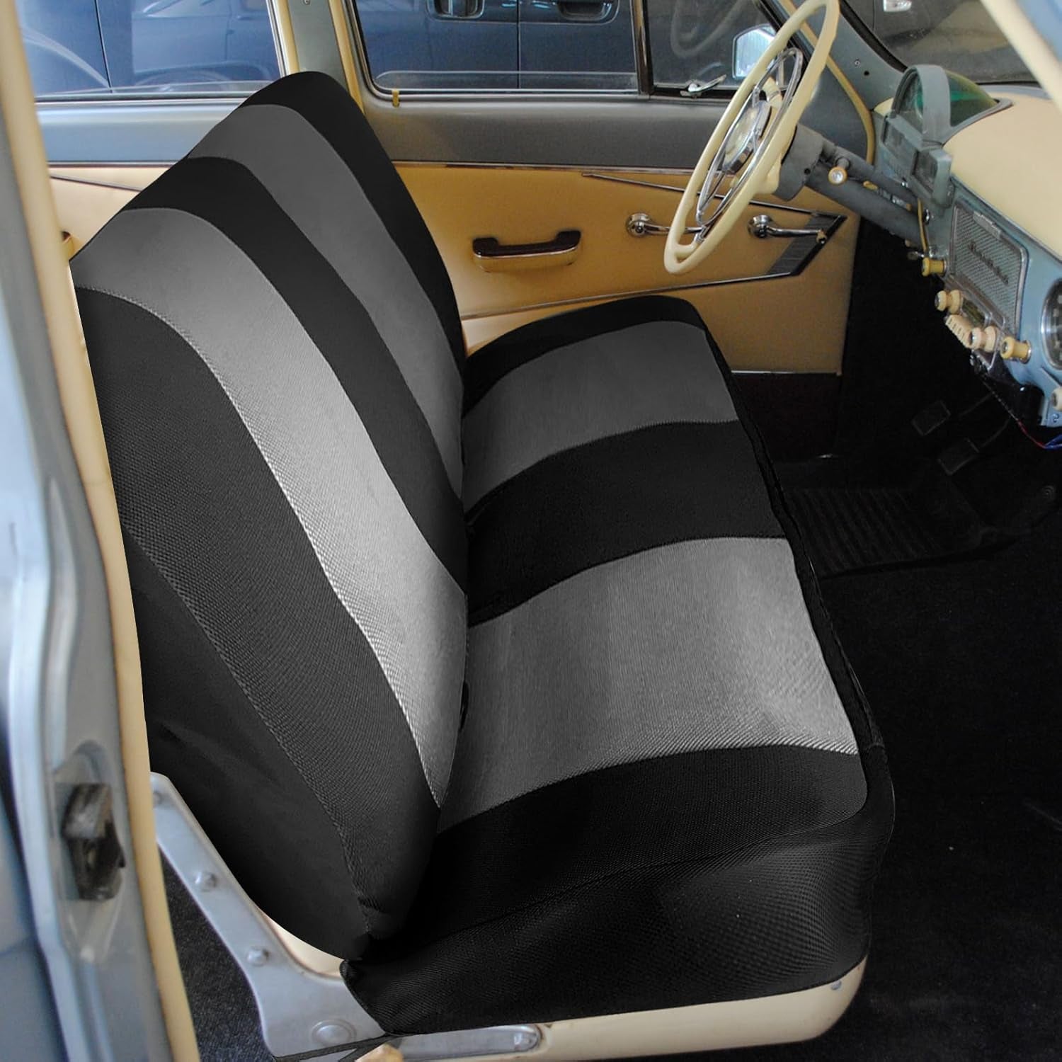 Custom-Fit Bench Seat Covers Replace for 1969-1996 Ford F100 F150 F250 Series Air Mesh Fabric Full Size Classic Trucks Seat Protector without Headrests (Black &Gray)