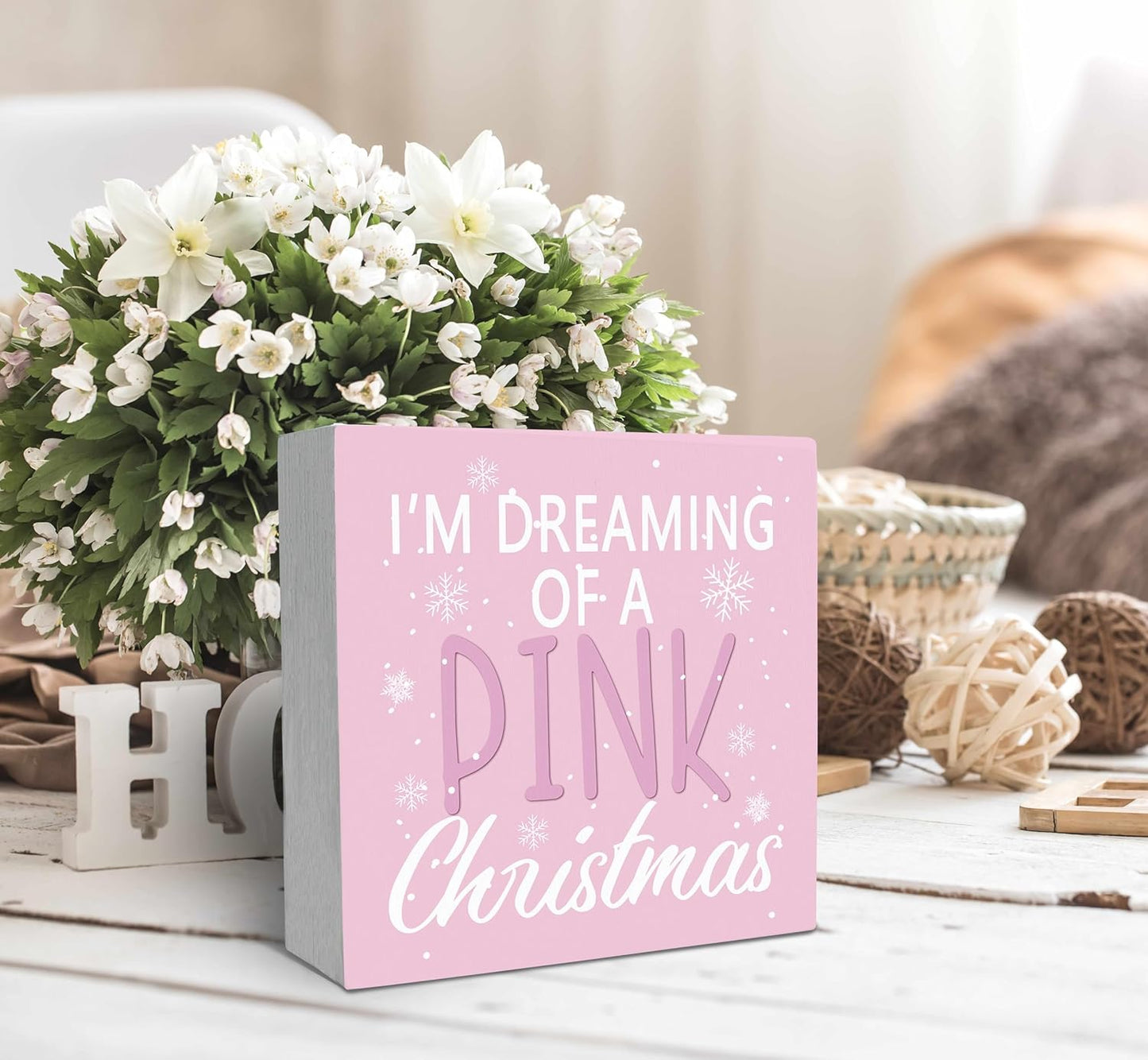 Im Dreaming of a Pink Christmas Wood Box Sign Desk Decor, Pink Christmas Decor Wooden Box Sign Decoration for Home Office, Pink Christmas Decorations, Pink Desk Decor Shelf Table Decor