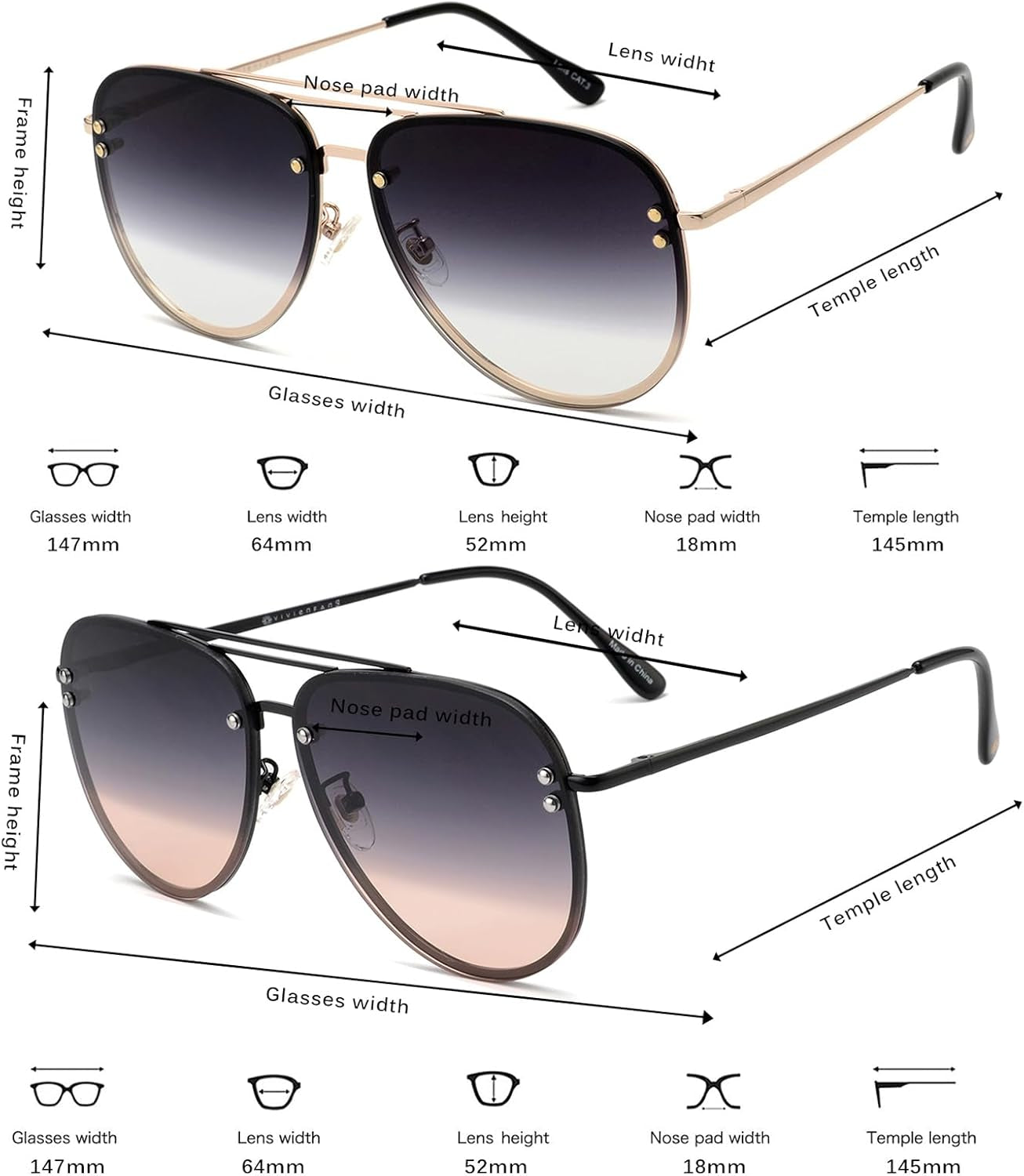 Premium Rimless Oversized Aviator Sunglasses for Women, Polarized PC Lens UV Protection Women’S Shade VF2203