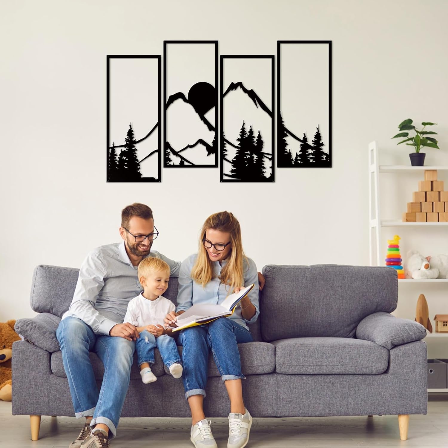 Metal Sunset Mountain Forest Wall Decor Set of 4, Minimalist Line Drawing Large Mountains Wall Art Home Decor for Living Room Bedroom Office…