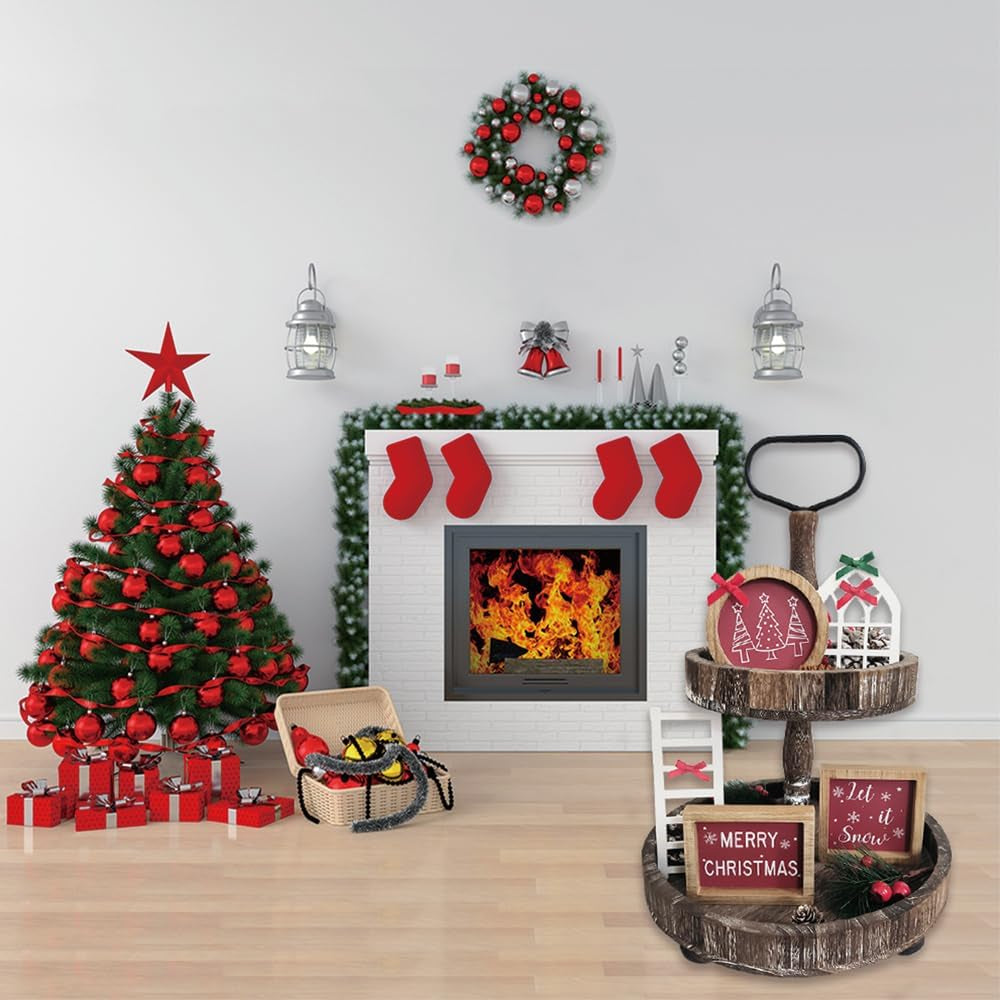 Christmas Wooden Tiered Tray Decor Set, 53 Pcs Seasonal Interchangeable Tiered Tray Decorations with Cards for Thansgiving Day, Spring, Summer... Home Kitchen Table Centerpiece(Tray Not Include)