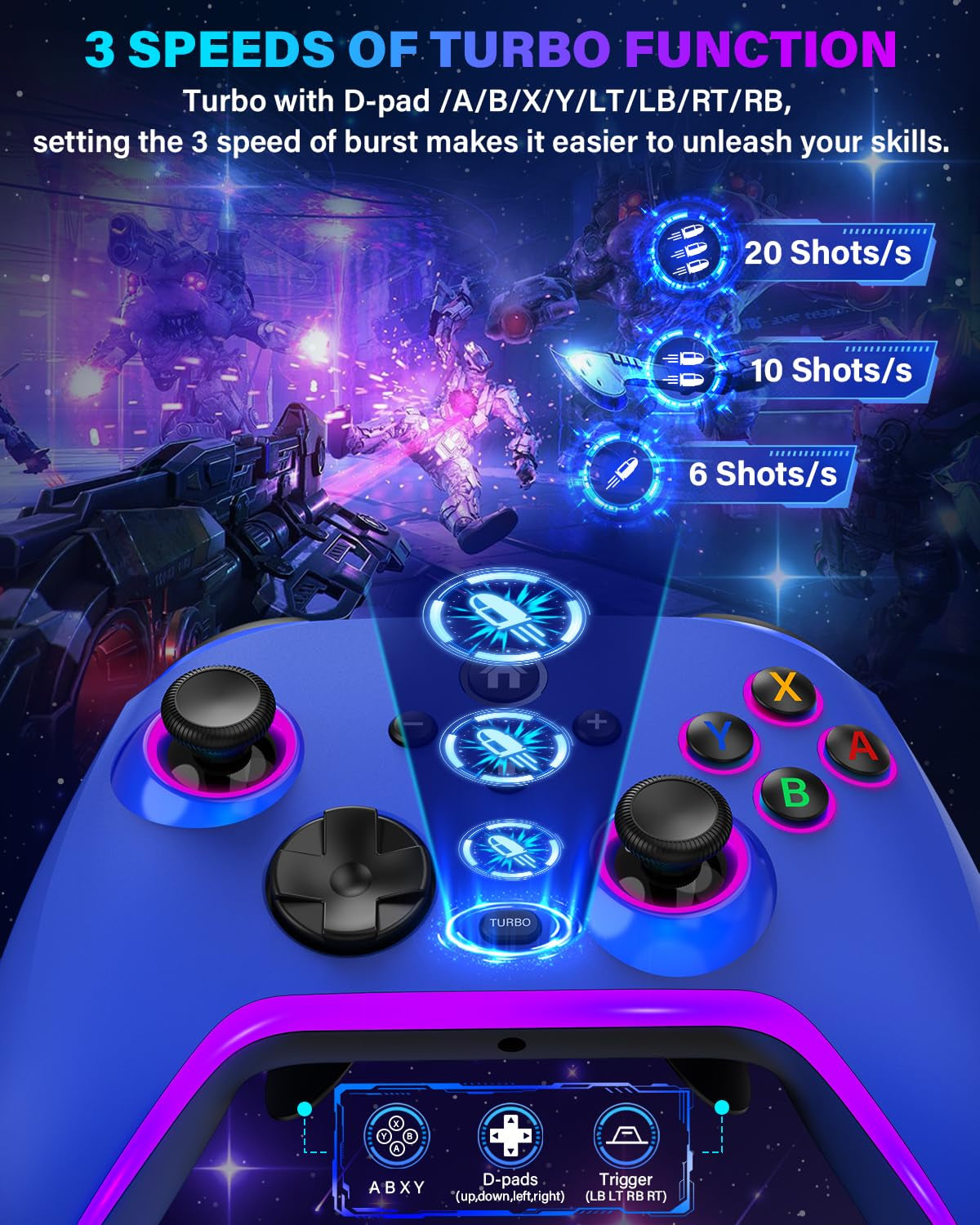 Wireless Switch Controllers for Nitendo Switch/Oled/Lite, 1200Mah Switch Pro Controller with 10 Color Light Modes, Rechargeable Switch Turbo Control with Turbo, Vibration, 6-Axis Gyro, Wake Up