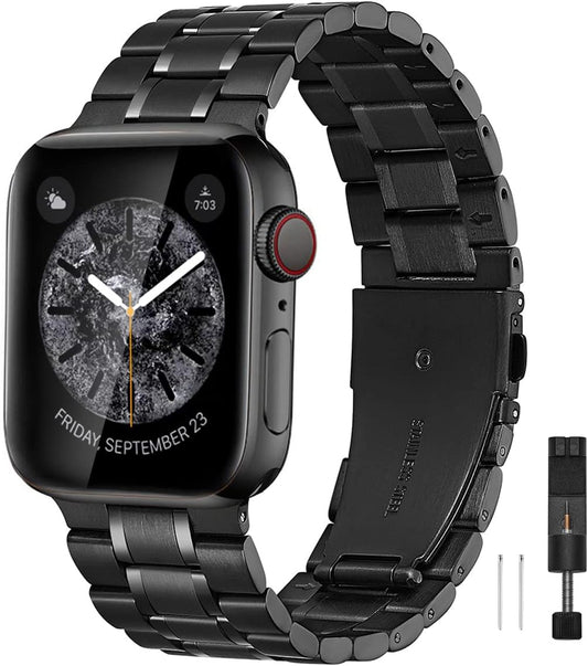 Compatible for Apple Watch Band 42/44/45/49Mm or 38/40/41Mm, Stainless Steel Metal Adjustable Sport Business Wristband Bracelet Strap for Iwatch Ultra/Series 9 8 7 6 SE 5 4 3 2 1 (Black)