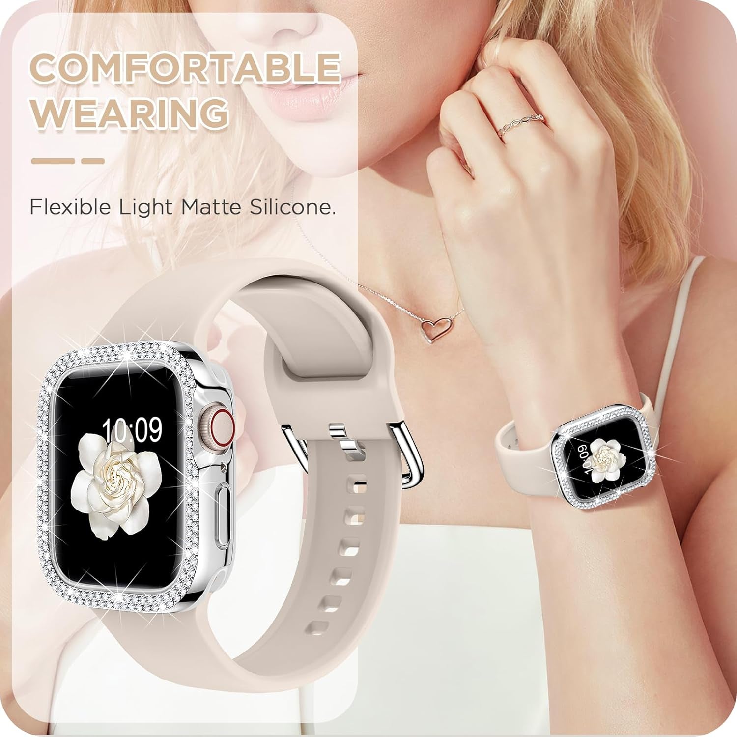 Compatible for Apple Watch Bands 44Mm with Bumper, Bling Glitter Women Silicone Soft Comfortable Strap for Iwatch SE Ultra Series 10 9 8 7 6 5 4 3 2 1