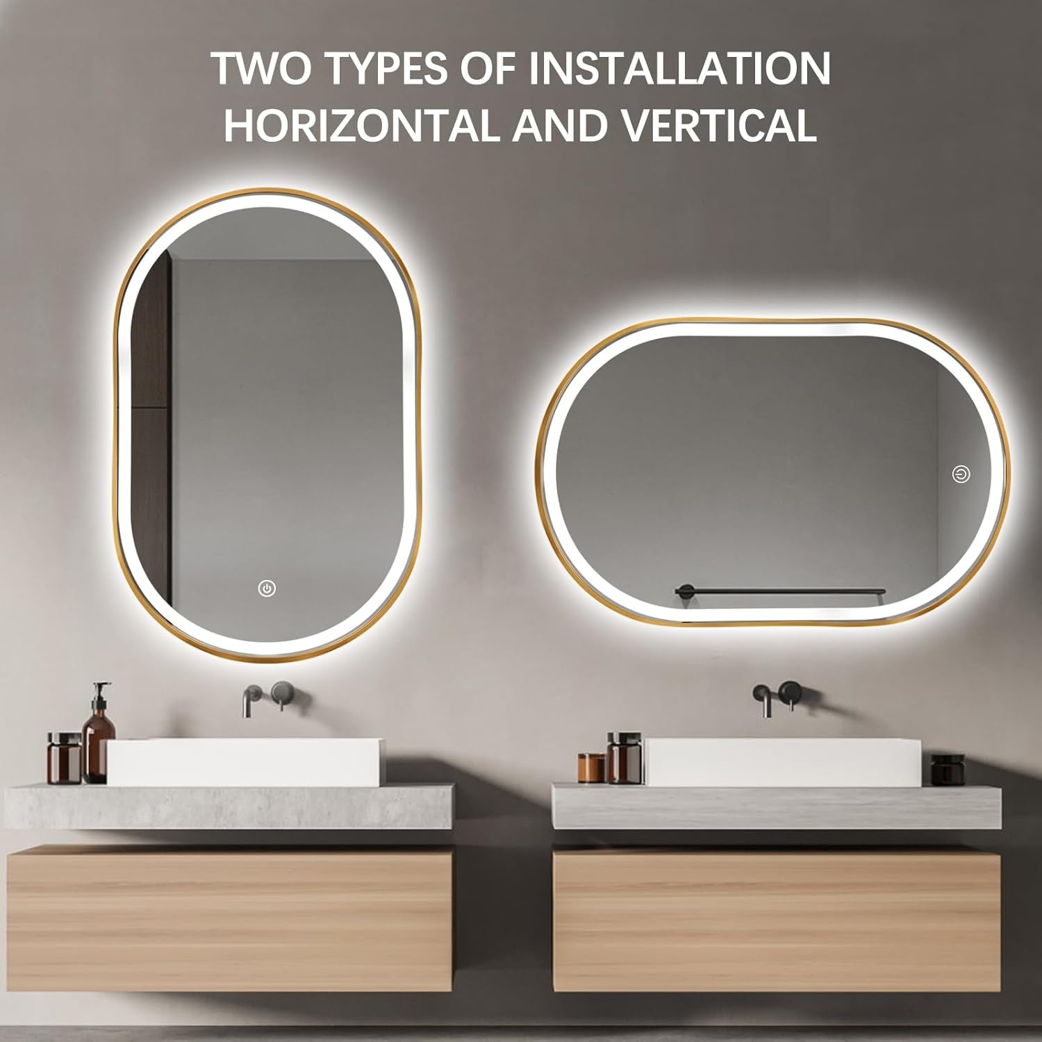 Oval LED Bathroom Mirror, 33"X20" Lighted Wall Mounted Vanity Mirror with Metal Frame, Anti-Fog IP66 Waterproof Smart Mirror, Memory Function, (Horizontal or Vertical), Gold