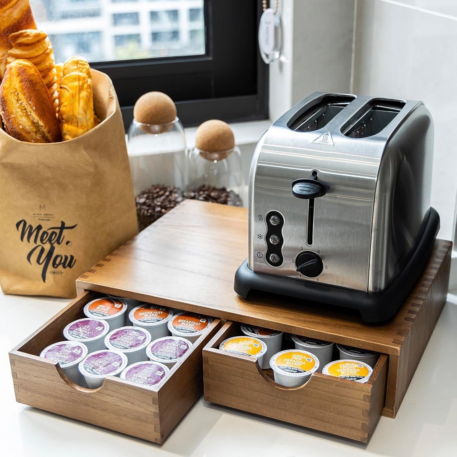 Wooden K Cup Organizer Coffee Pod Storage Box, Coffee Pods and Tea Organizer Holder, K Pod Drawer Coffee Maker Machine Stand, Organizador De Cafe, Kcup Drawer Organizer under Brewer, 30 Pod Capacity
