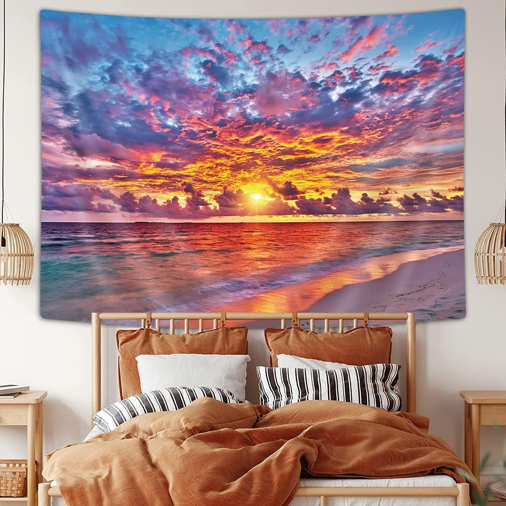 Tropical Ocean Sunset Sea Landscape Tapestry Wall Hanging Decoration, Purple Clouds and Gloden Sunshine, Wall Tapestry for Dorm Living Room Bedroom, Wall Blanket Wall Decor Wall Art Home Decor 71X60