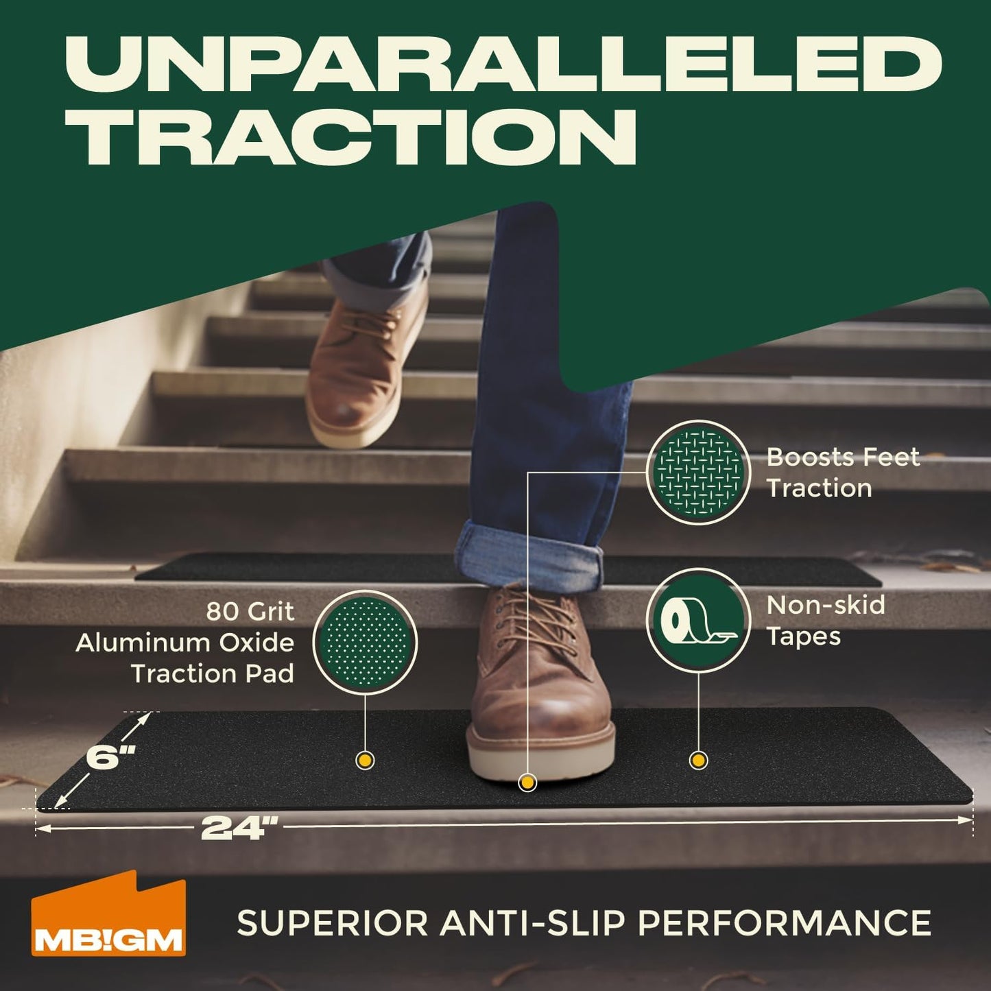 8-Pack 24" X 6" Pre-Cut Stair Treads 80 Grit Non-Slip Outdoor Tape Black Heavy Duty anti Slip Traction Adhesive Strips for Staircase Deck - Non Slip Outdoor Stair Treads anti Slip Stair Strips