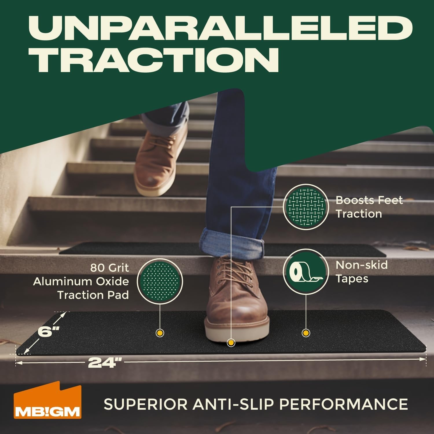 8-Pack 24" X 6" Pre-Cut Stair Treads 80 Grit Non-Slip Outdoor Tape Black Heavy Duty anti Slip Traction Adhesive Strips for Staircase Deck - Non Slip Outdoor Stair Treads anti Slip Stair Strips