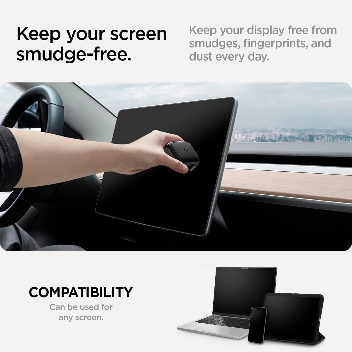 EZ Slide & Brush Screen Cleaner Designed for Tesla Cleaner and All Screens, Phones, Laptops, Tablets, EV Cars, No Solution Needed (Extra Microfiber Pad Included) Black