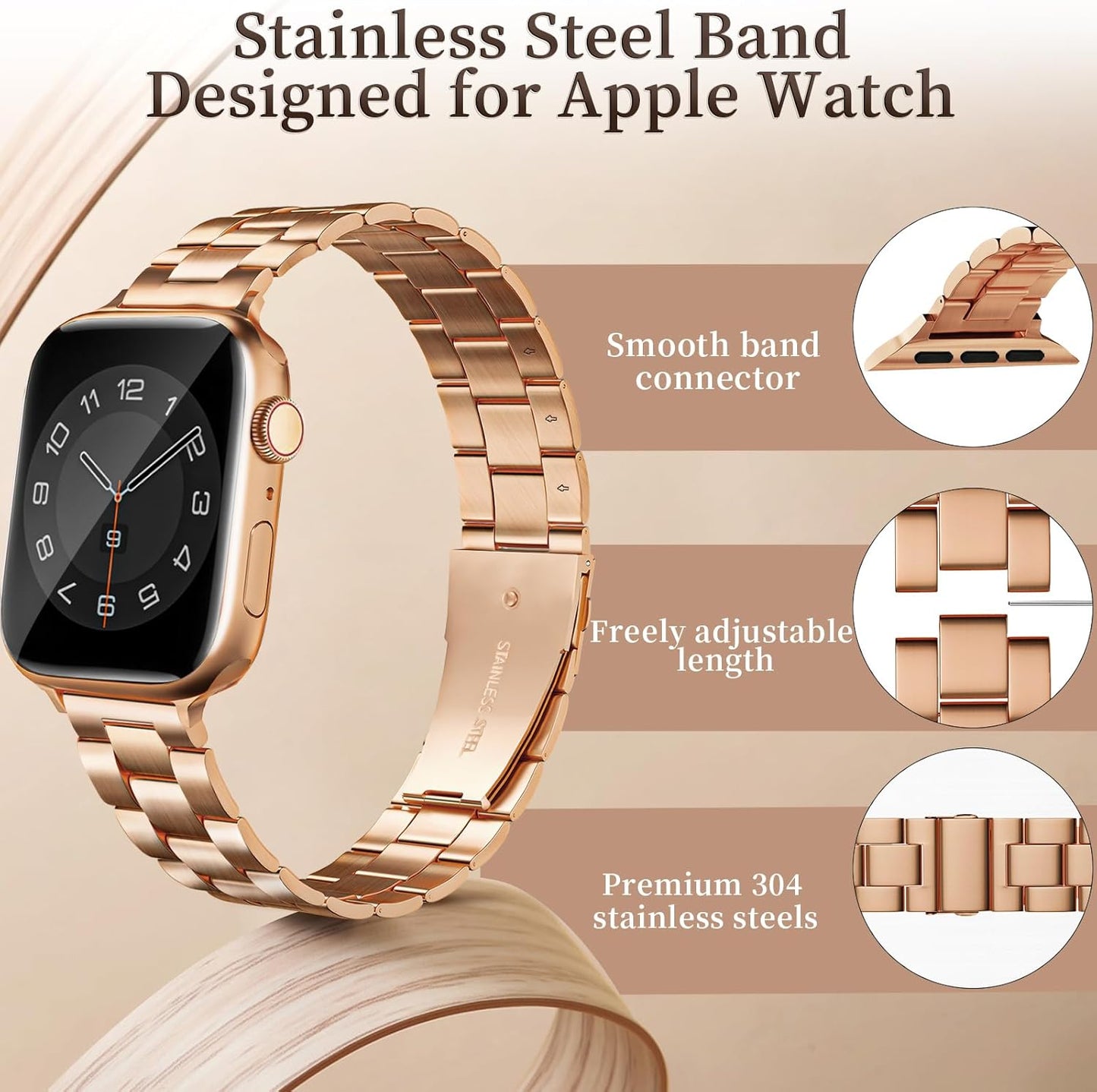 Thin Metal Bands Compatible with Apple Watch Band 38Mm 40Mm 41Mm 42Mm 44Mm 45Mm 46Mm 49Mm, Slim Stainless Steel Wristband Strap for Iwatch Ultra SE Series 10 9 8 7 6 5 4 3 2 1-Rosegold+Silver-Gold