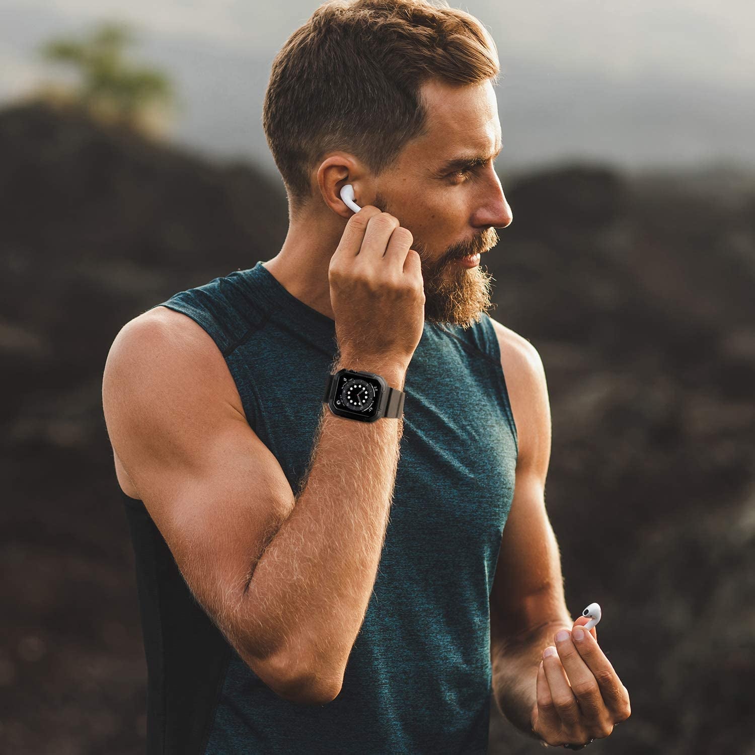 Compatible with Apple Watch Band 45Mm/44Mm/42Mm-Series 3/2/1 with Case, Shockproof Rugged Band Strap for Iwatch SE2 SE Series 9/8/7/6/5/4/3/2/1 with Bumper Case Cover Men Women, Matte Black