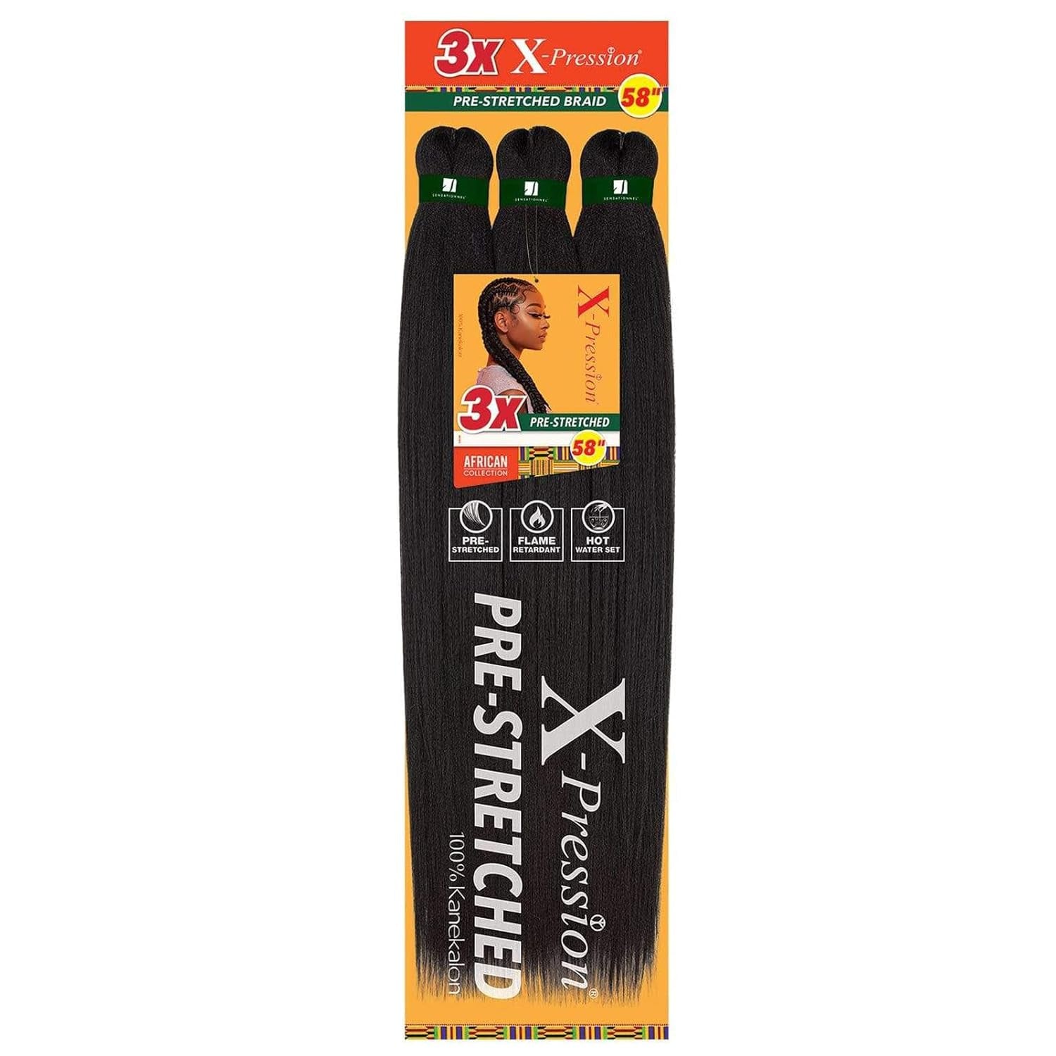 Xpression Prestretched Braiding Hair - 3X Xpression 58-Inch Kanekalon Flame Retardant Smooth Yaki Braid - 3X X-Pression 58 Inch (1 Pack, 1B OFFBLACK)