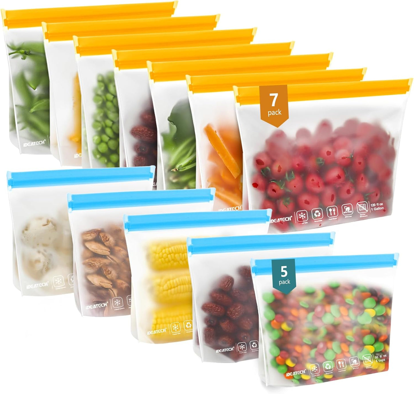 20Pack Dishwasher Safe Reusable Bags, Leakproof Reusable Freezer Bags, BPA Free Reusable Food Storage Bags Sandwich Bags Snack Bags for Lunch Travel(8 Gallon 6 Quart 6 Snack,Colored)