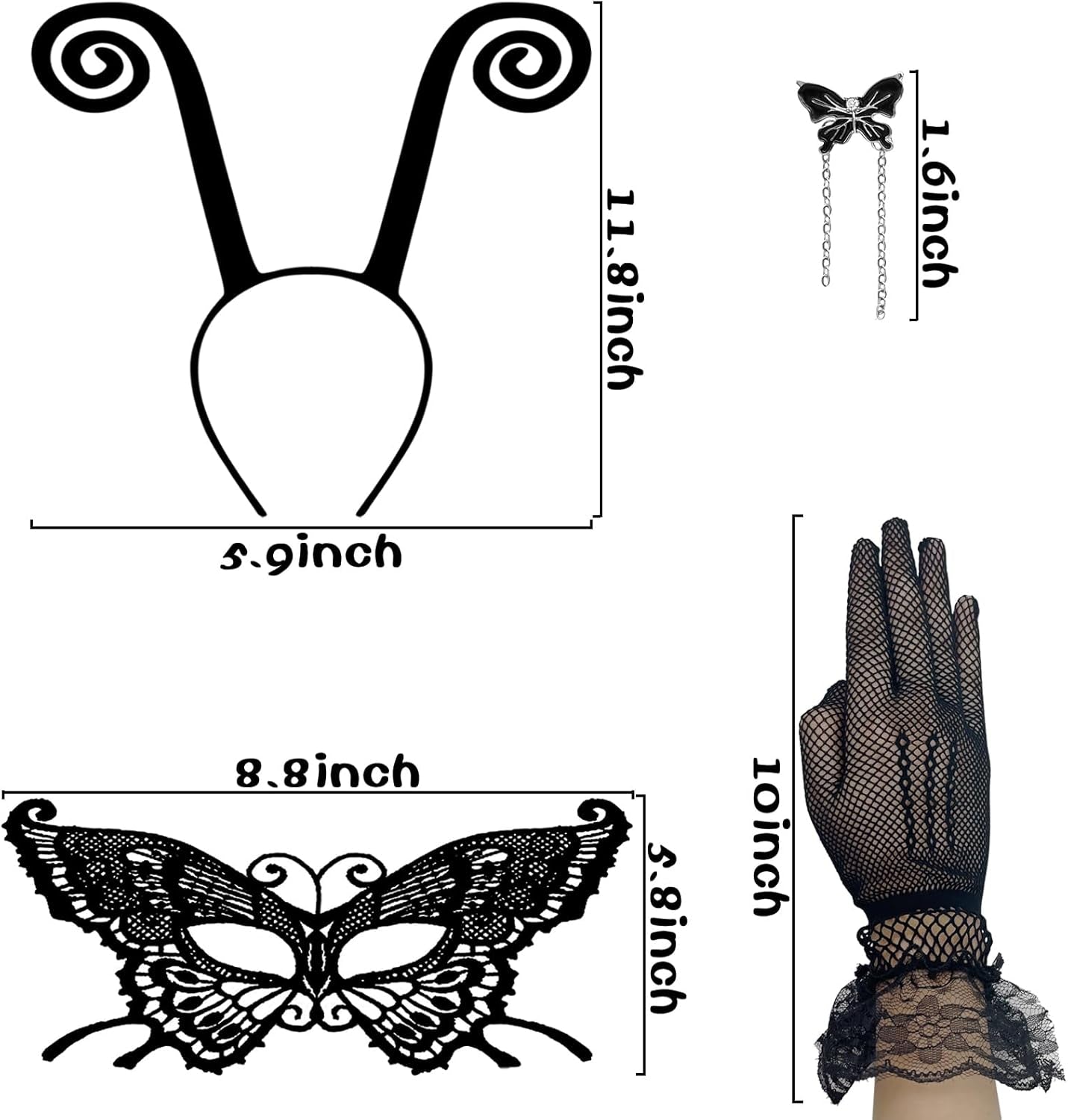 Butterfly Antenna Headband with Butterfly Lace Mask for Halloween Party Cosplay Butterfly Wings Costume Accessory - Black