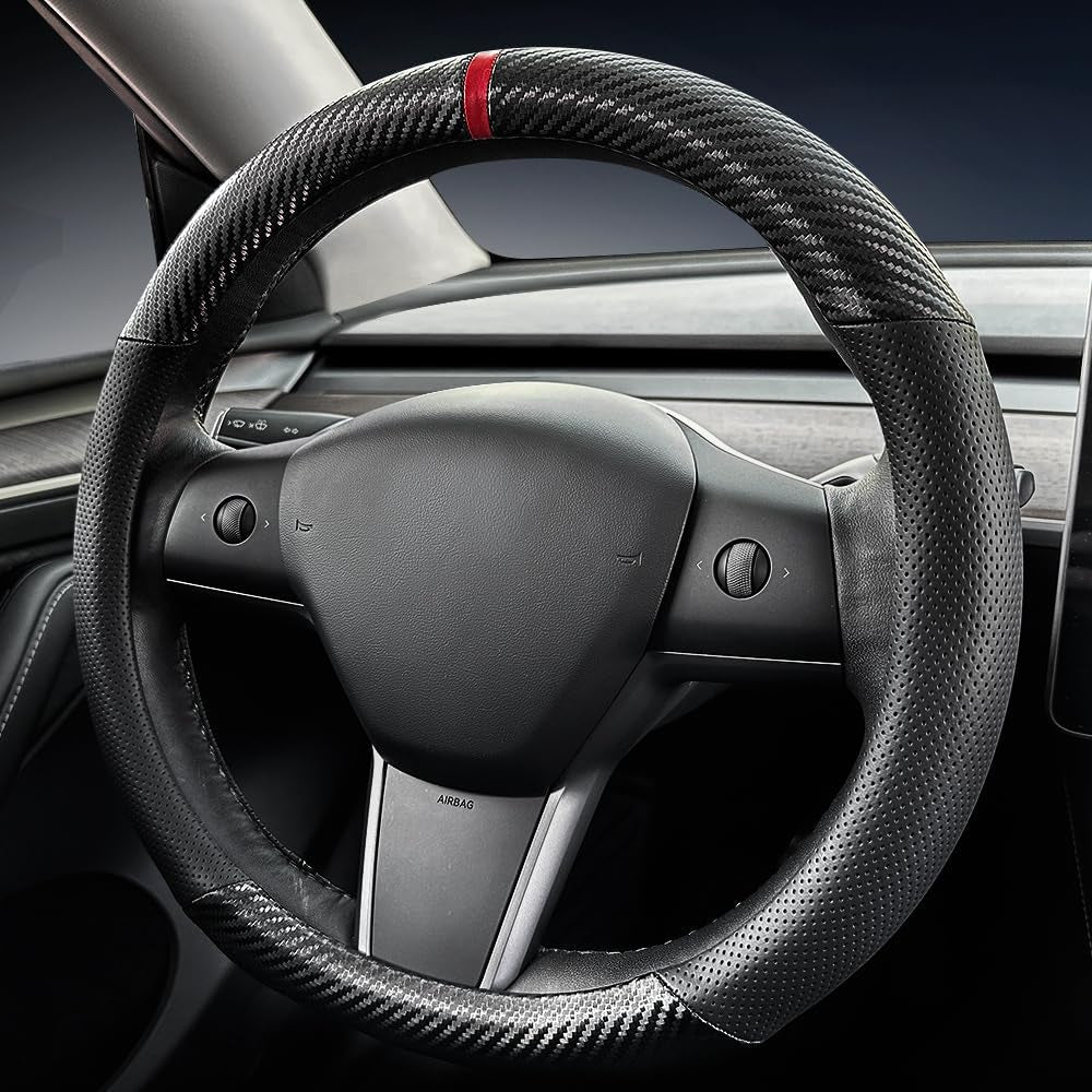 Carbon Fiber Leather Car Steering Wheel Cover ，For Tesla Model 3 / Model Y Steering Wheel Cover