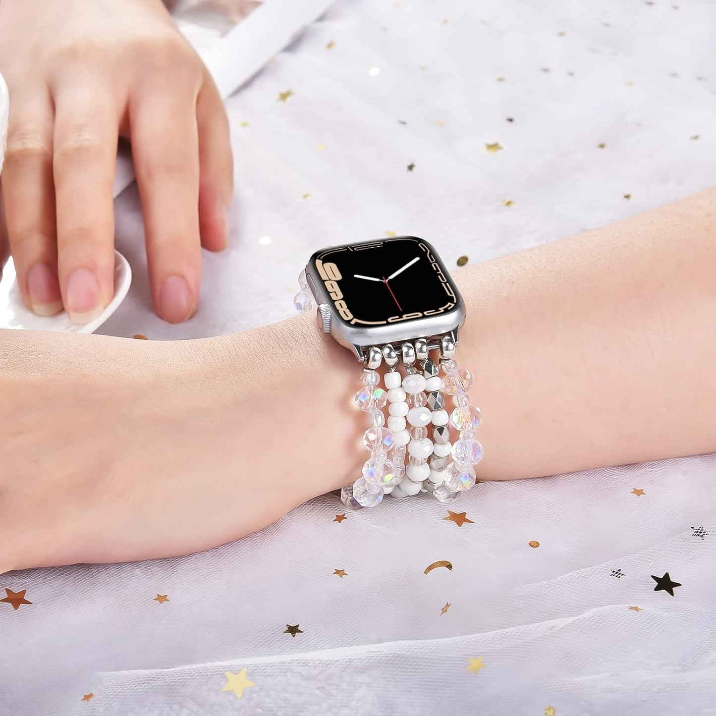 Beaded Bracelet Compatible for Apple Watch Band 40Mm/38Mm/41Mm Series 9 8 7 SE Series 6/5/4 Women Fashion Clear Cute Handmade Stretchy Watch Strap for Iwatch Bands Series 3/2/1 Replacement