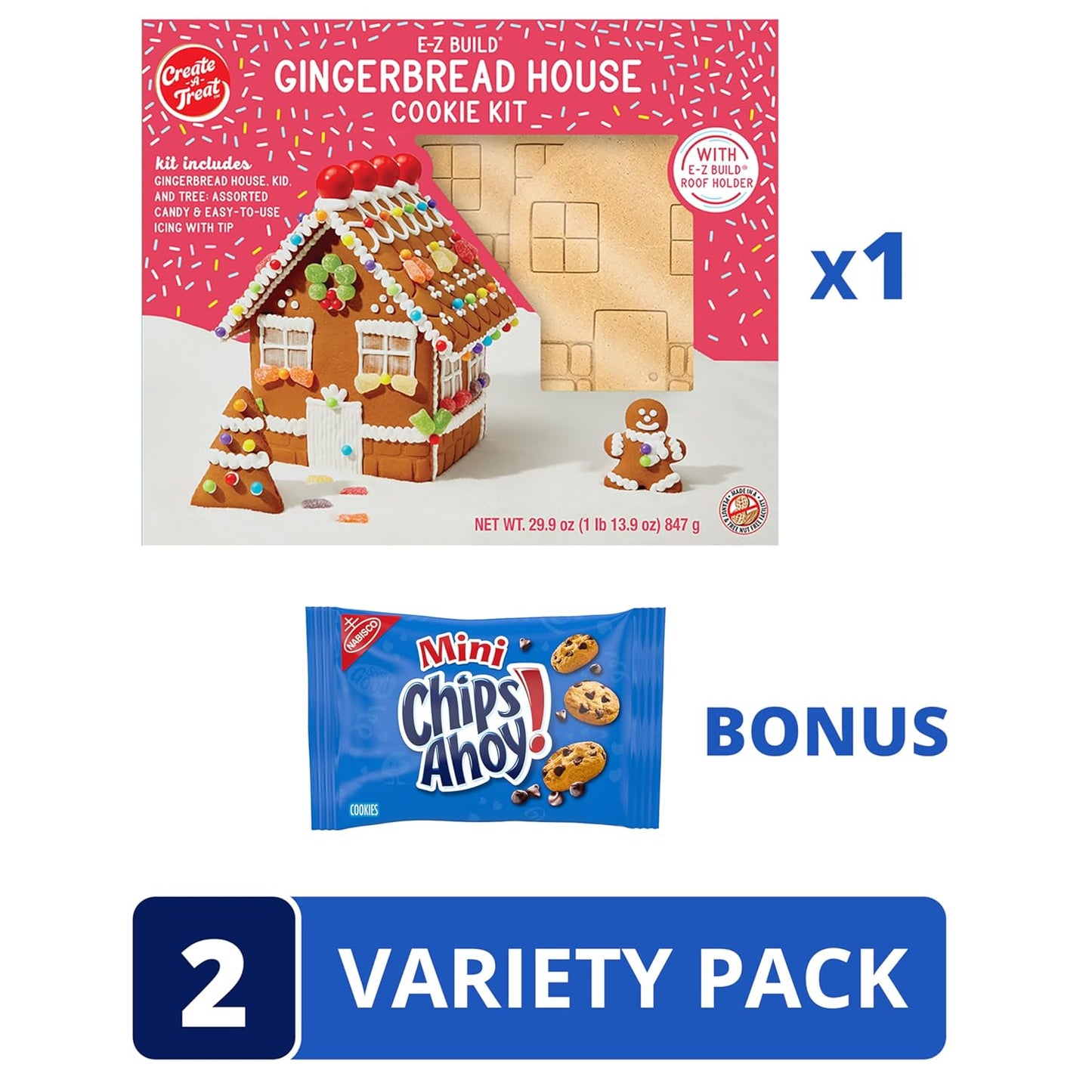 Create-A-Treat E-Z Build Gingerbread House Decorating Kit, Holiday Gift, 29.9 Oz + Bonus CHIPS AHOY! Mini Cookie Snack Pack