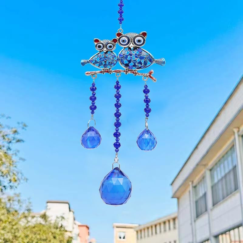 Crystals Suncatcher Blue Evil Eye Owl,Sun Catchers Indoor Window,Crystal Prism Window Decoration,Home Decor Aesthetic,Patio Decor/Mother'S Day/Christmas/Wedding Decoration