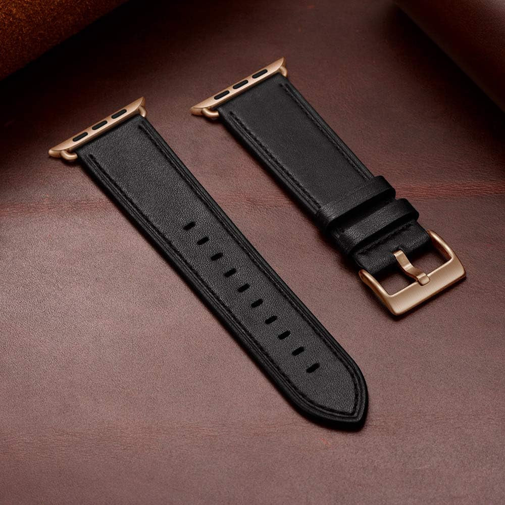 Compatible with Apple Watch Band 41Mm 40Mm 38Mm, Genuine Leather Band Replacement Strap Compatible with Apple Watch Series 9/8/7/6/5/4/3/2/1/SE2/SE, Black Band with Rose Gold Adapter