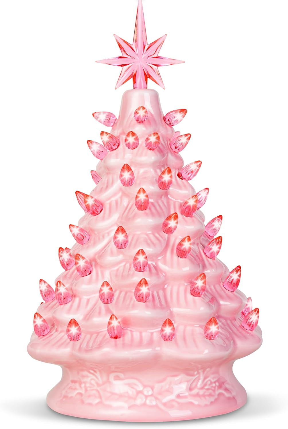 12" Pink Ceramic Christmas Tree, Prelit Tabletop Christmas Tree with Extra Pink Top Star & Bulbs for Best Desk Decoration