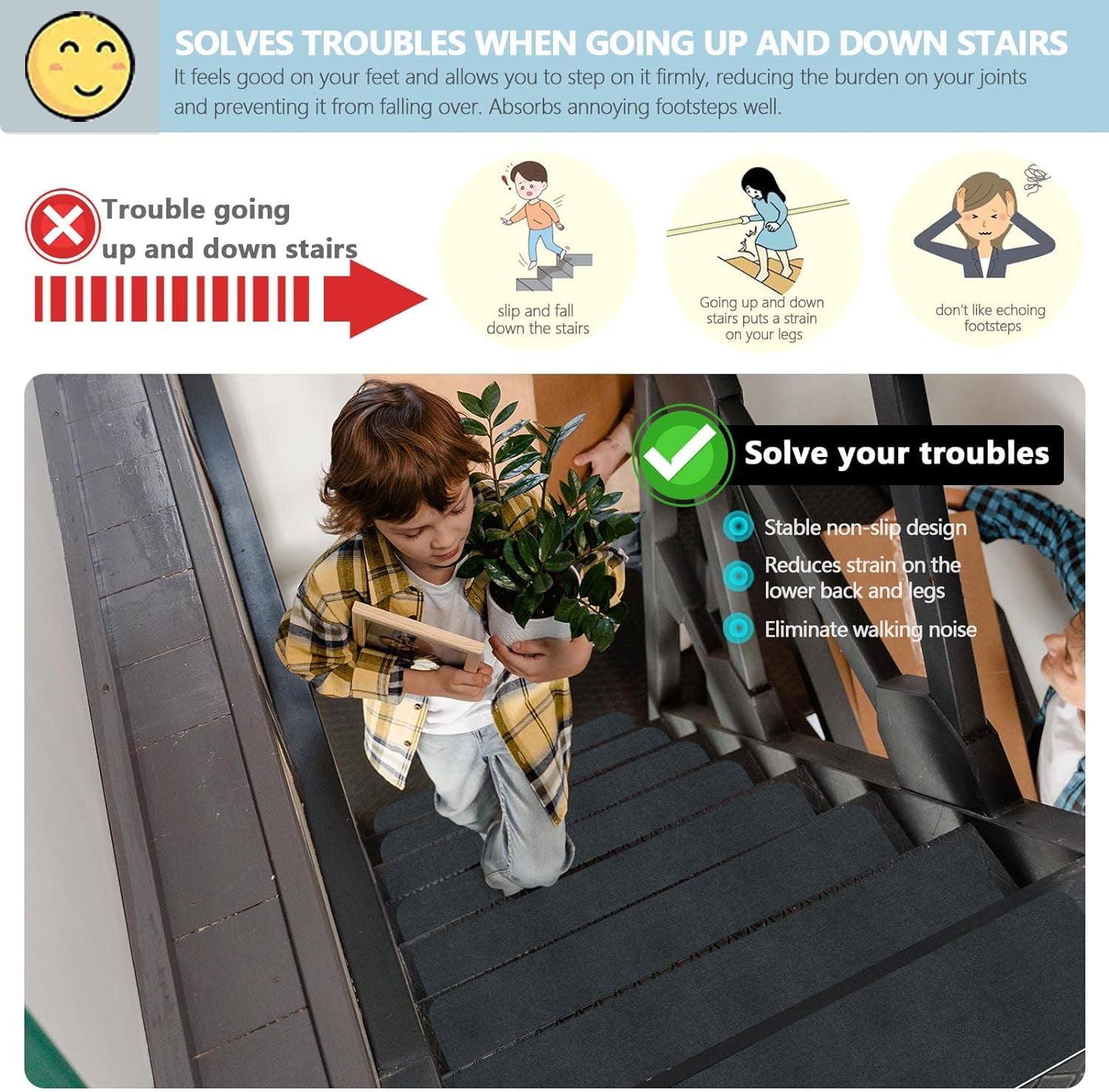 8" X 30" (15 in Pack) Non-Slip Stair Treads Carpet for Wooden Steps, Self-Adhesive Stair Treads Mat, Safety Indoor Stair Runner Mats, anti Slip Stair Rugs for Kids Elders and Dogs，Black