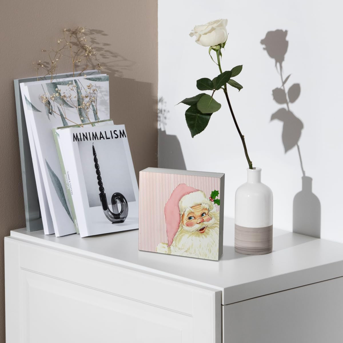 Pink Retro Santa Christmas Wooden Box Signs,Pink Christmas Sign,Santa Clause Christmas Decorations,Pink Christmas Decorations,Christmas Signs,Christmas Signs for Home Decor 5X5 Inch