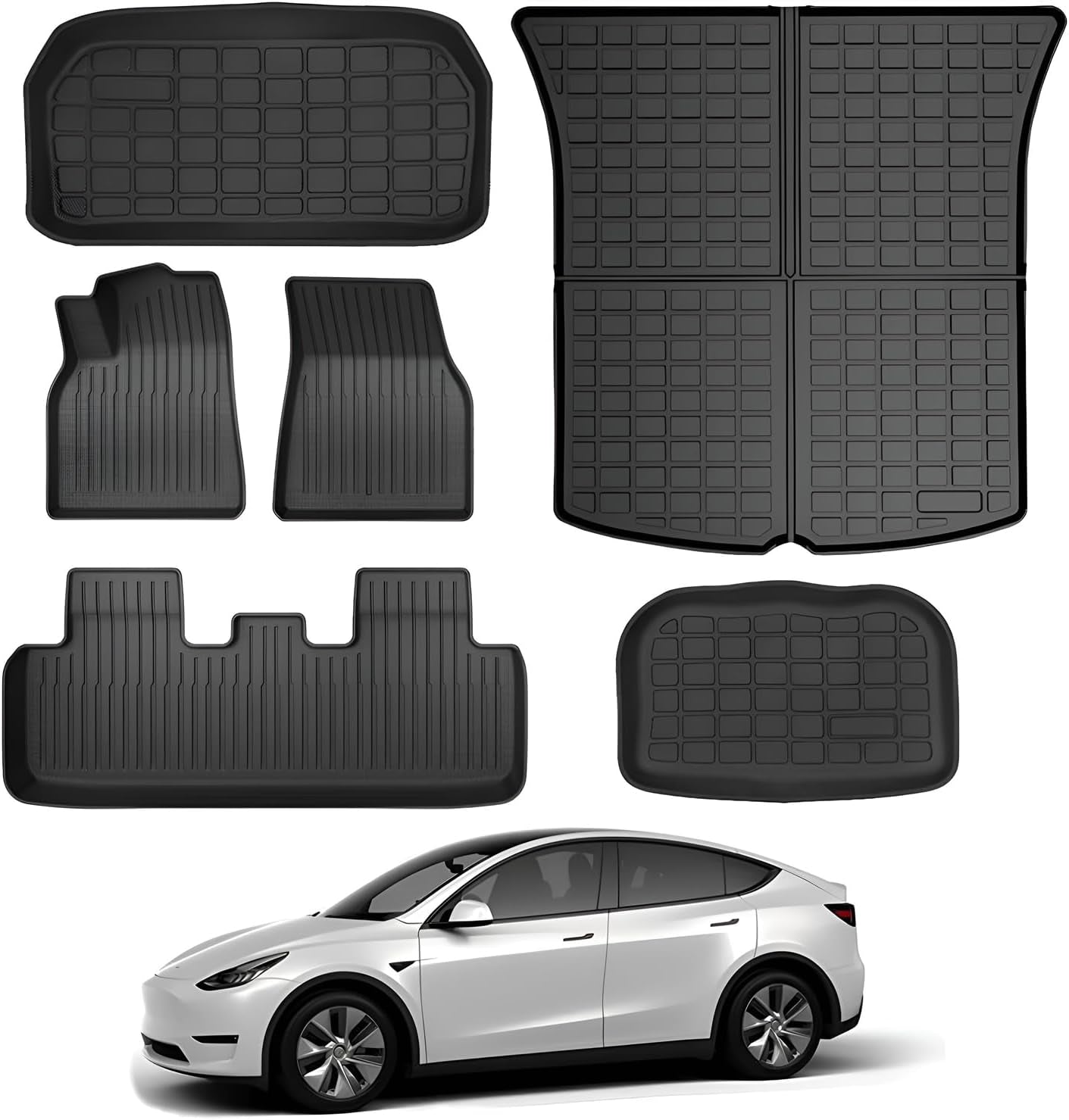 Floor Mats for Tesla Model Y 5-Seater 2020-2023 2024, All-Weather Cargo Liner Floor Mats for Tesla Model Y Accessories, Custom Fit Waterproof Anti-Slip Front Rear Cargo Liner Mat Full Set