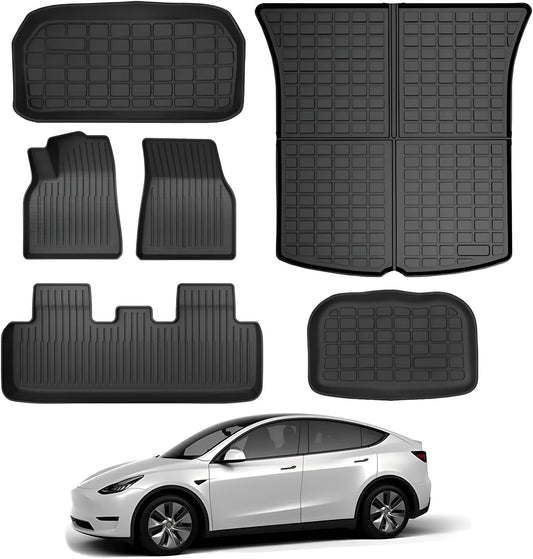 Floor Mats for Tesla Model Y 5-Seater 2020-2023 2024, All-Weather Cargo Liner Floor Mats for Tesla Model Y Accessories, Custom Fit Waterproof Anti-Slip Front Rear Cargo Liner Mat Full Set