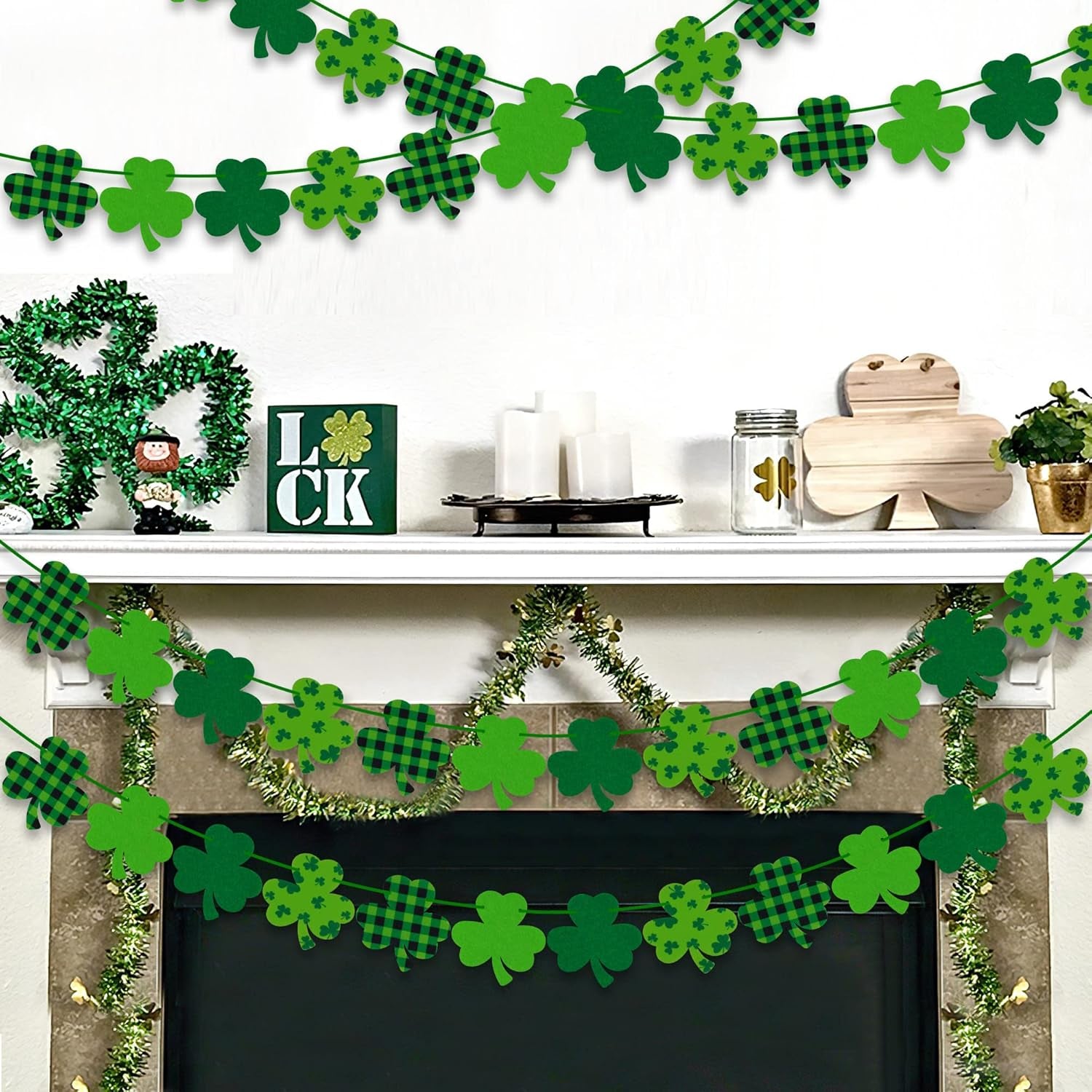 4PCS Felt Shamrock Clover Garland Banner - NO DIY, St. Patrick'S Day Decorations - Buffalo Plaid Dark Green Light Green Happy St. Patrick'S Day Banner for Home Mantel Office Irish Day Party Supplies