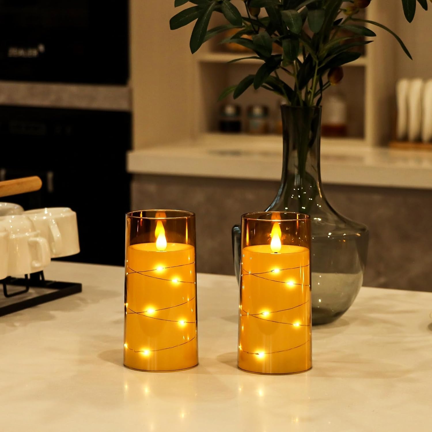 Flickering Flameless Candles Battery Operated Candles LED Candles with Remote Timer for Home/Wedding/Birthday/Holiday Decor ，Brown 3D Flame Set of 2 (D3 Xh6 6")