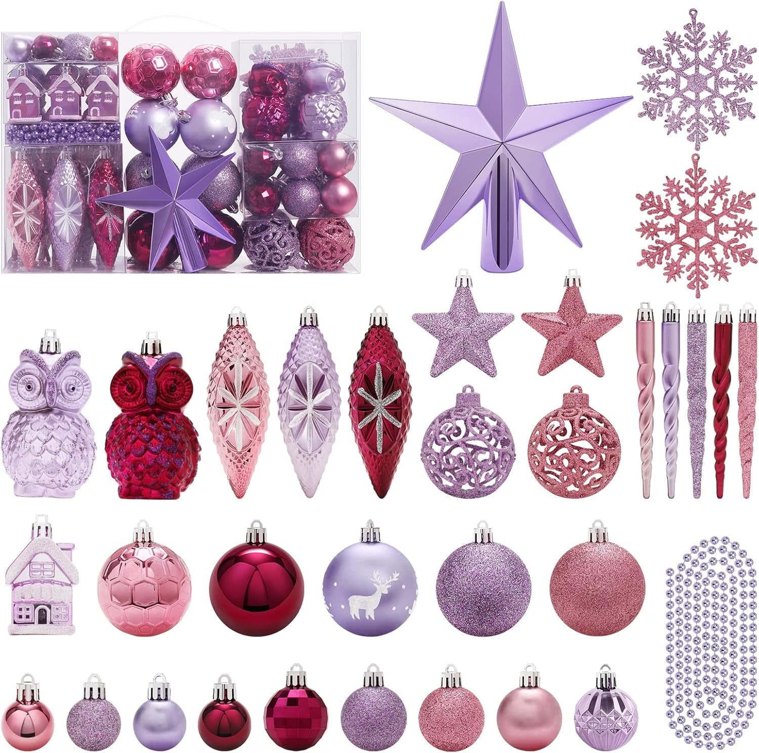 122 Pack Christmas Ball Ornaments Set, Plastic Shatterproof Christmas Hanging Decoration Hand-Held Package, for Home Xmas Tree Holiday Wedding Party Decor - Purple/Pink.