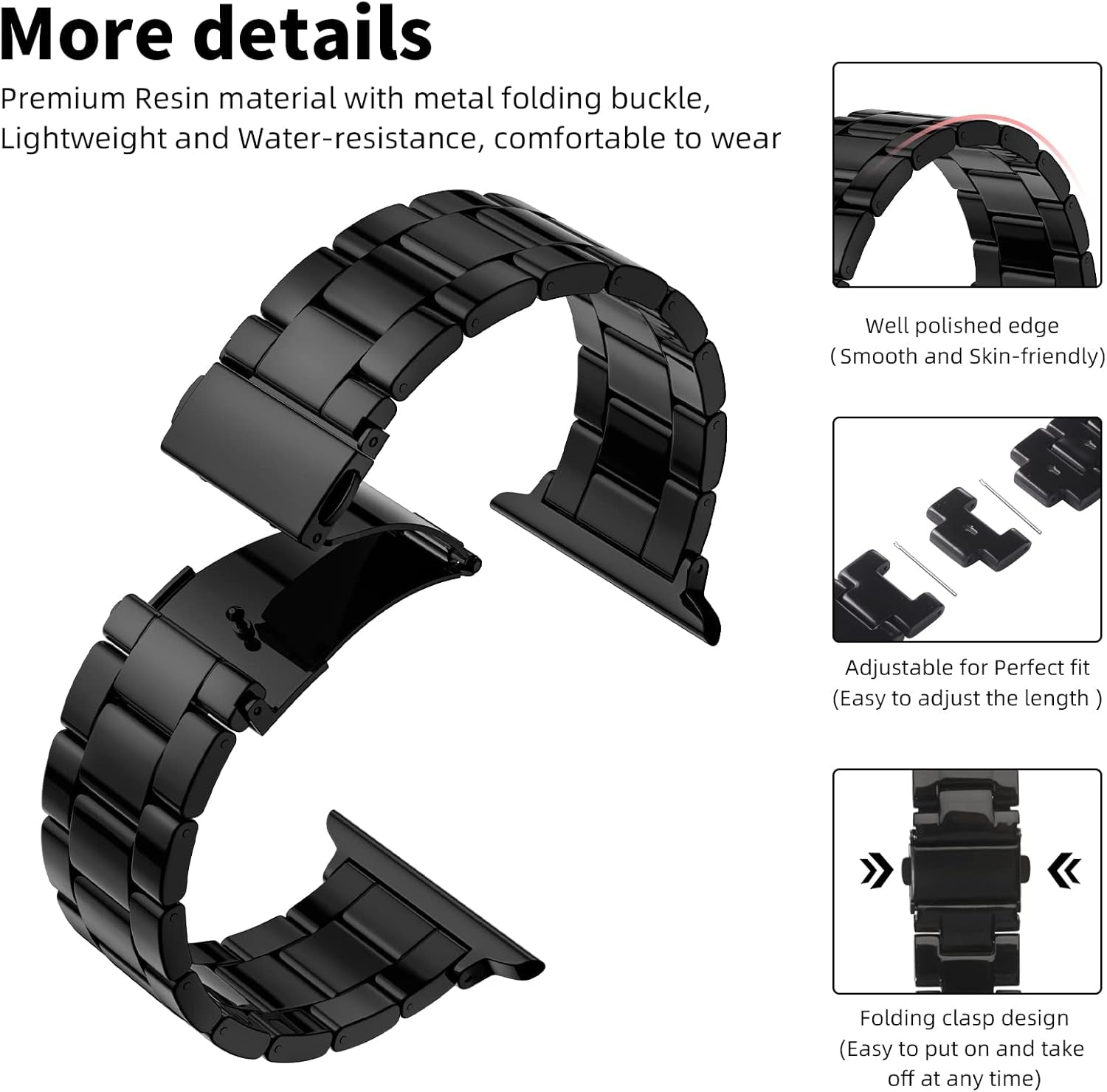 Resin Strap Compatible with Apple Watch Band 40Mm 38Mm 41Mm Series 7/6/5/4/3/2/1/SE Women Men, Lightweight and Durable Iwatch Stylish Bracelet Replacement Bands with Stainless Steel Buckle Black