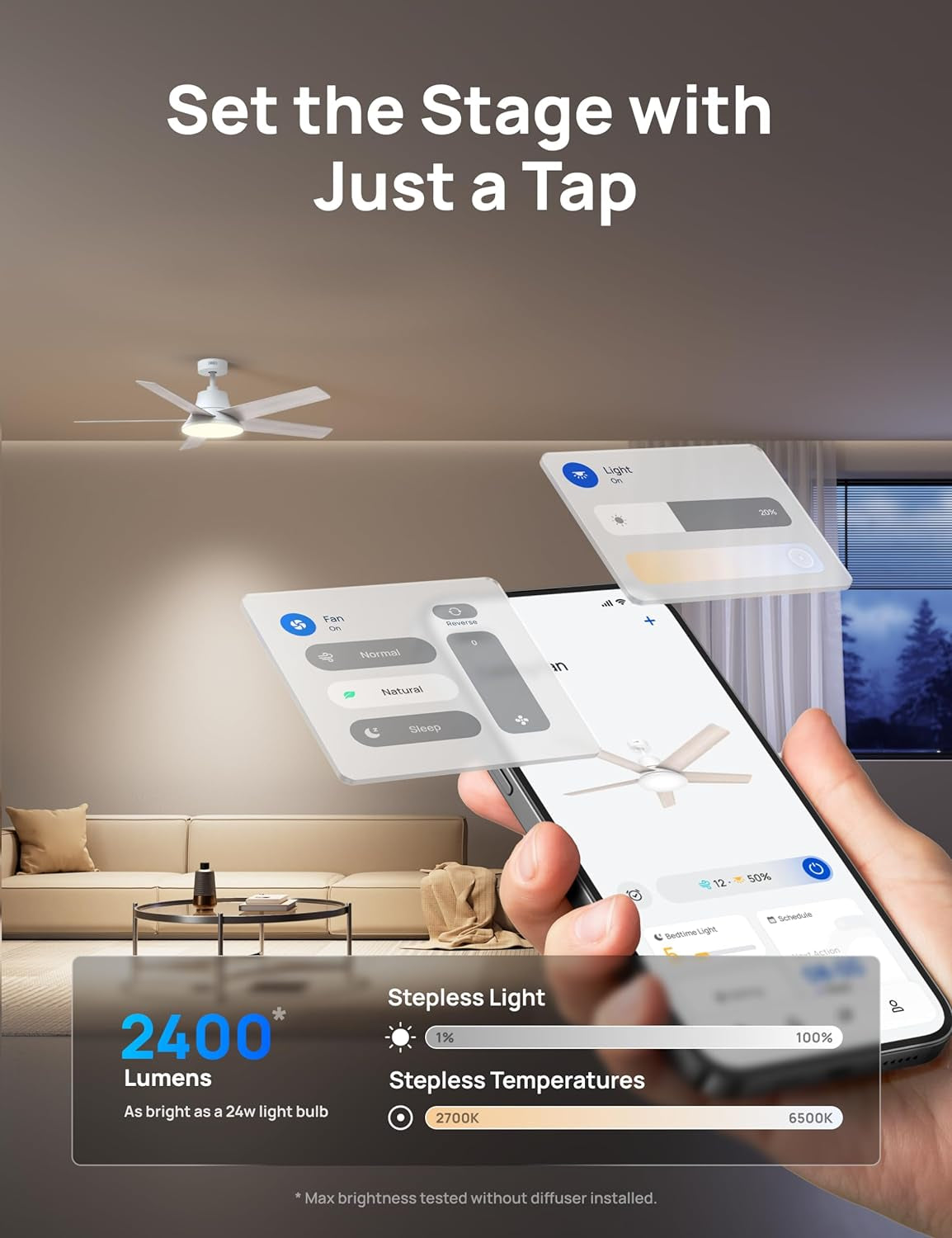 Smart Ceiling Fan with Lights, 52 Inch, 12 Speeds & 3 Fan Modes, Stepless Color Tones, Dimmable LED Light, 12H Timer, Quiet DC Motor, Remote/App/Alexa Control, White Ceiling Fans Indoor