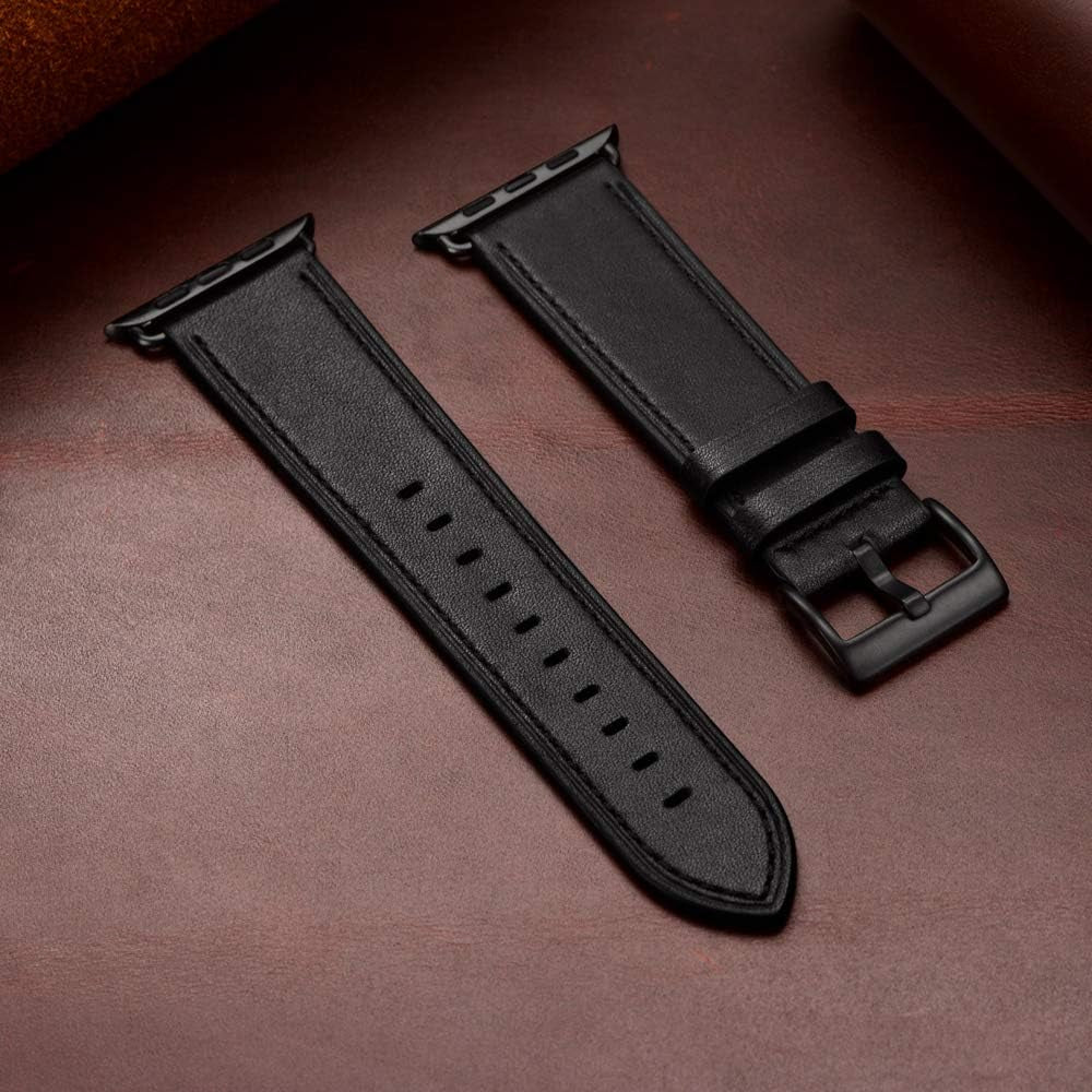 Compatible with Apple Watch Band 49Mm 45Mm 44Mm 42Mm, Genuine Leather Band Replacement Strap Compatible with Apple Watch Ultra 2/1 Series 9/8/7/6/5/4/3/2/1/SE/SE2, Black Band with Black Adapter