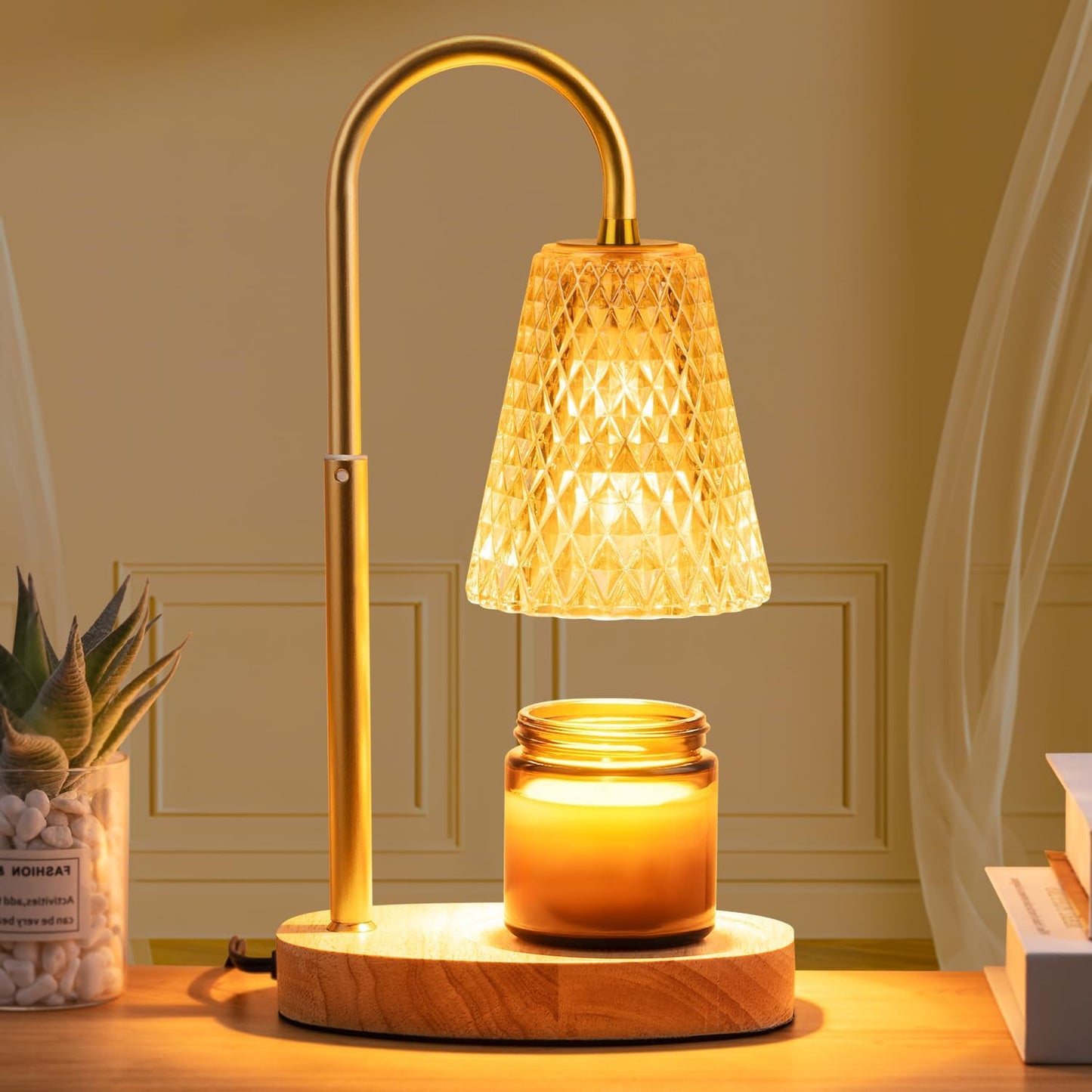Candle Warmer Lamp - Dimmable Wax Melt Warmer with Amber Lampshade and 2 Bulbs for House Warming, Bedroom Decor
