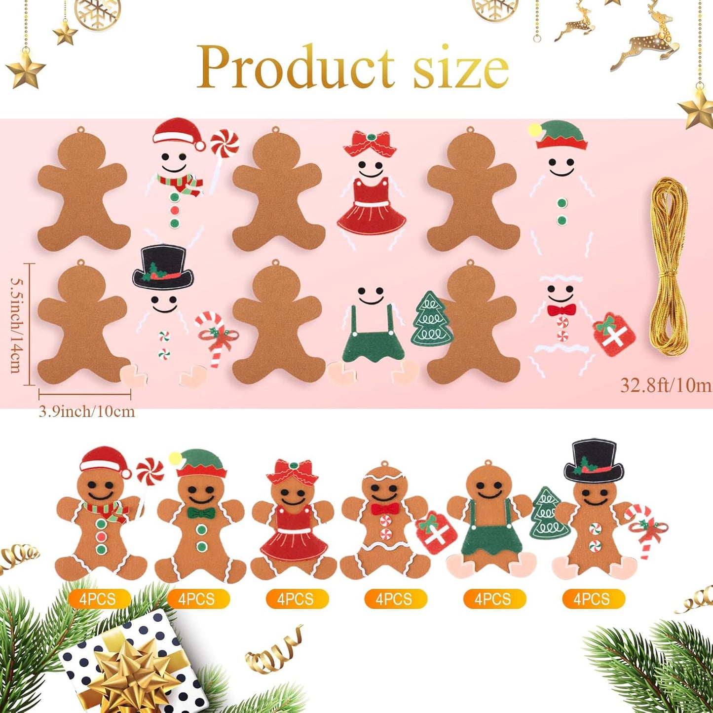 24 Pcs Christmas DIY Felt Gingerbread Man Craft for Kids Gingerbread Man Ornament Ginger Bread Men Hanging with Self-Adhesive Sticker Sheets for Christmas Party Favor Xmas Tree Decor Decoration