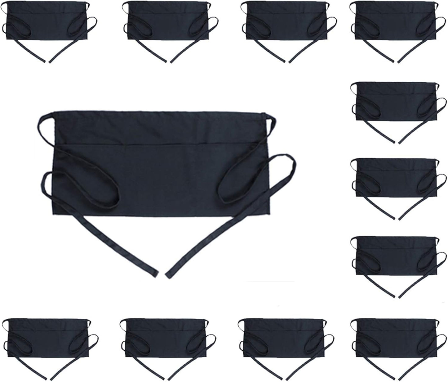 Waist Apron with 3 Pockets - Black Waitress Waiter Server Short Aprons