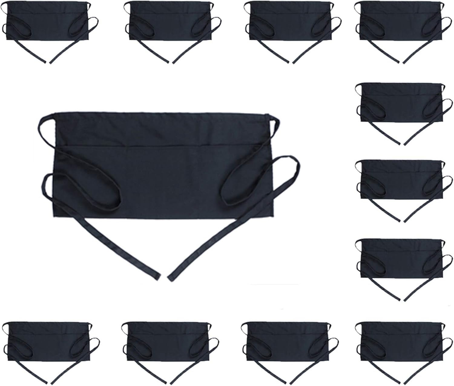 Waist Apron with 3 Pockets - Black Waitress Waiter Server Short Aprons