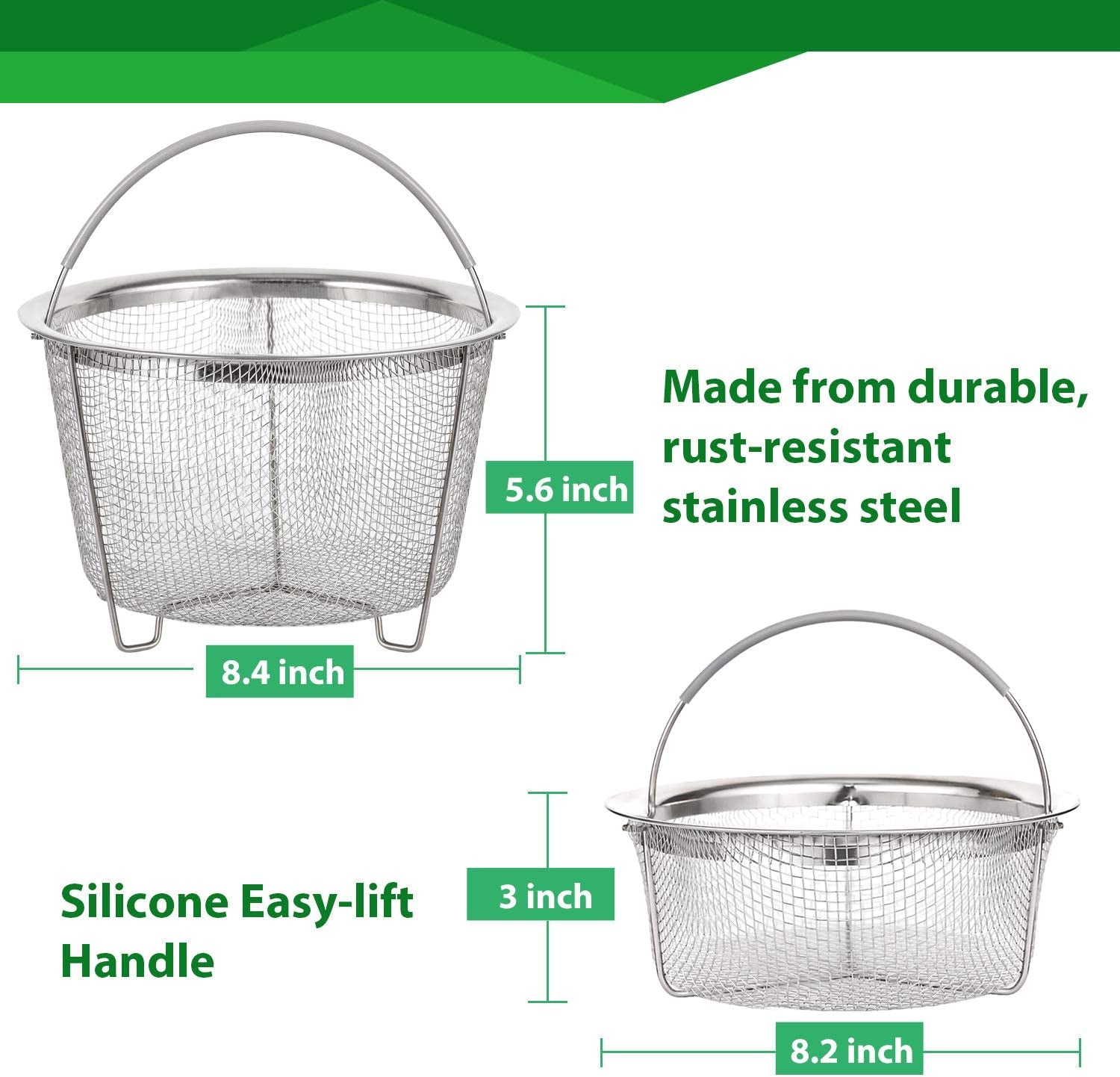 Steamer Basket for Instant Pot Accessories 6 Qt or 8 Quart - 2 Tier Stackable 18/8 Stainless Steel Mesh - Silicone Handle - Vegetable Steamer Insert, Egg Basket, Pasta Strainer,Silver