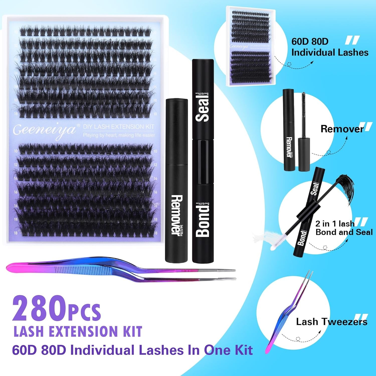 Fluffy Lash Extension Kit Cluster Eyelash Extension Kit Clusters Individual Lashes Kit with Lash Bond and Seal Glue, Lash Remover, Lash Applicator, User Manual for Beginners(60P+80P, 280Pcs)