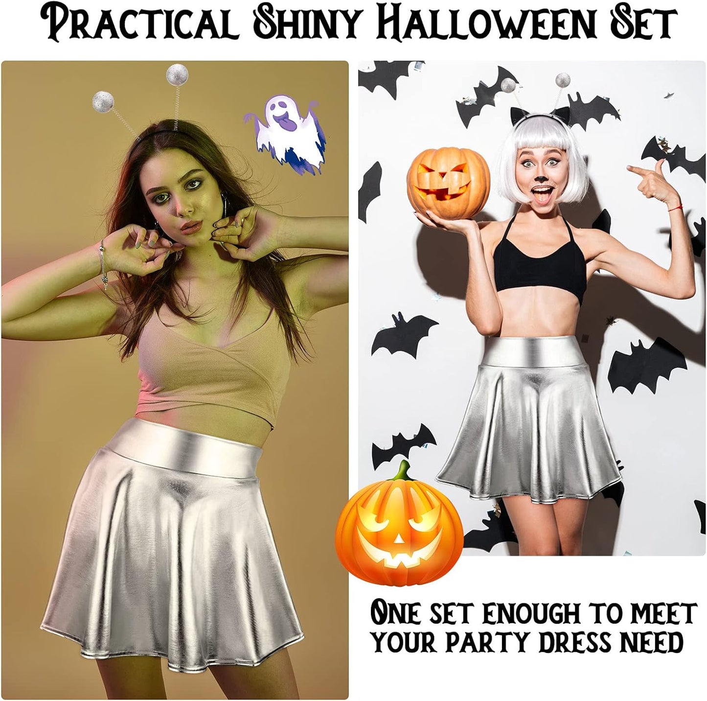 3 Pieces Halloween Alien Costume Include Silver Metallic Alien Skirt Flared Pleated Skater Skirt Cosmetic Face Glitter and Silver Headband for Women Girl Halloween Supplies
