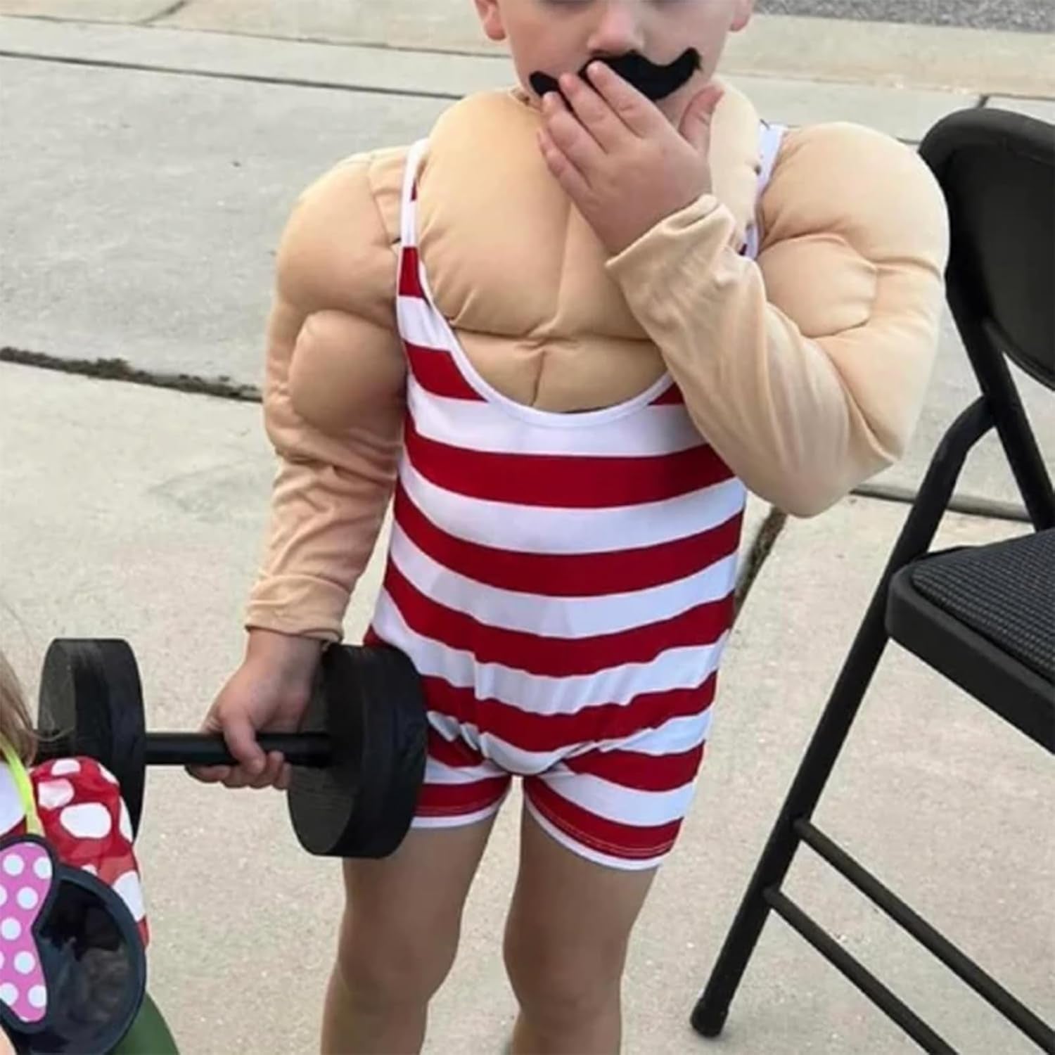 Strong Man Toddler Costume, Red Stripes Sleeveless U Neck Romper Short Jumpsuit with Belt, Halloween Cosplay Costume