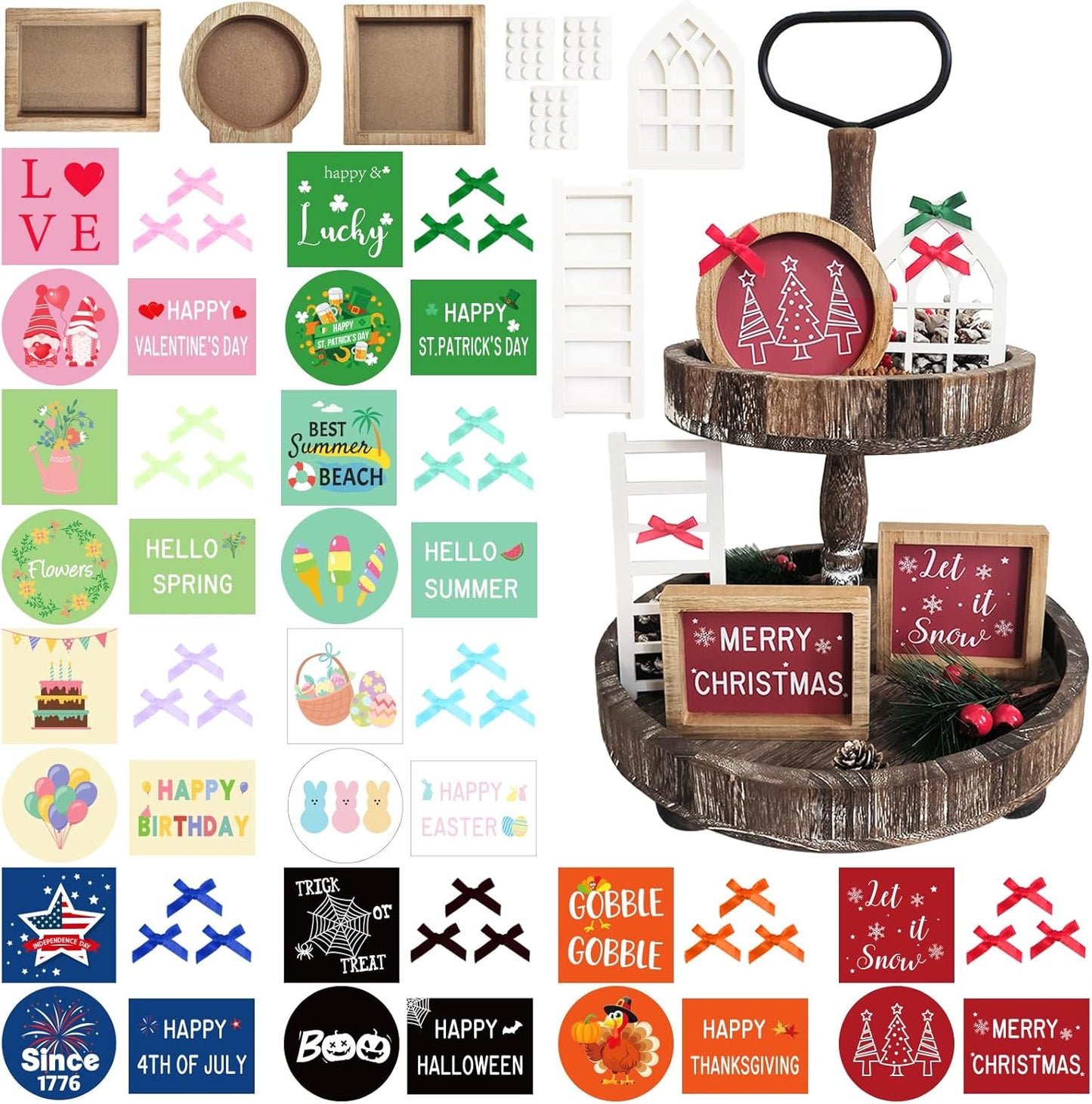 Christmas Wooden Tiered Tray Decor Set, 53 Pcs Seasonal Interchangeable Tiered Tray Decorations with Cards for Thansgiving Day, Spring, Summer... Home Kitchen Table Centerpiece(Tray Not Include)