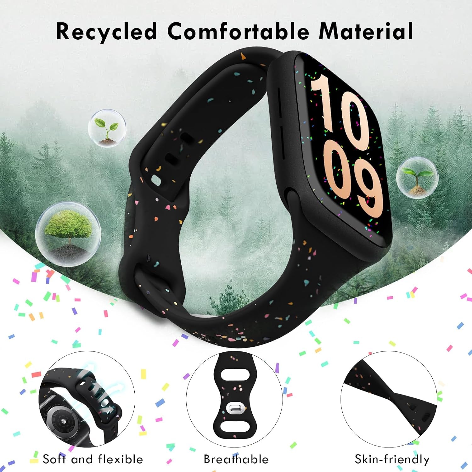 Slim Sport Band Compatible with Apple Watch Band 40Mm 38Mm 41Mm for Women Girls, Recycled Silicone Strap for Iwatch Bands Series 10 9 8 7 6 SE 5 Ultra 4 3 2 1 -Black