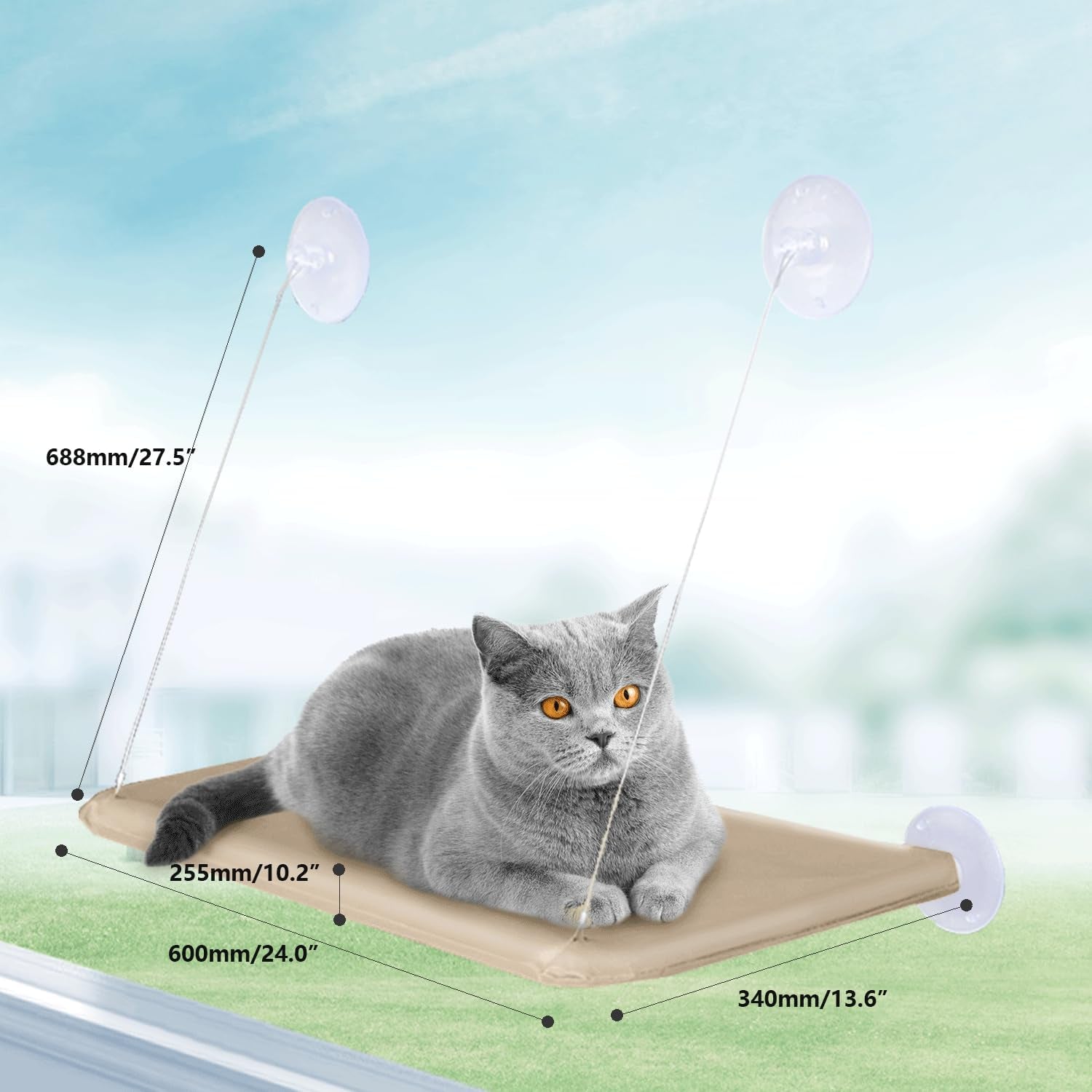 Cat Perch for Window Sill with Bolster-Cat Hammock Window Seat,Easy to Adjust Cat Bed for Windowsill, Bedside, Drawer and Cabinet(Khaki)