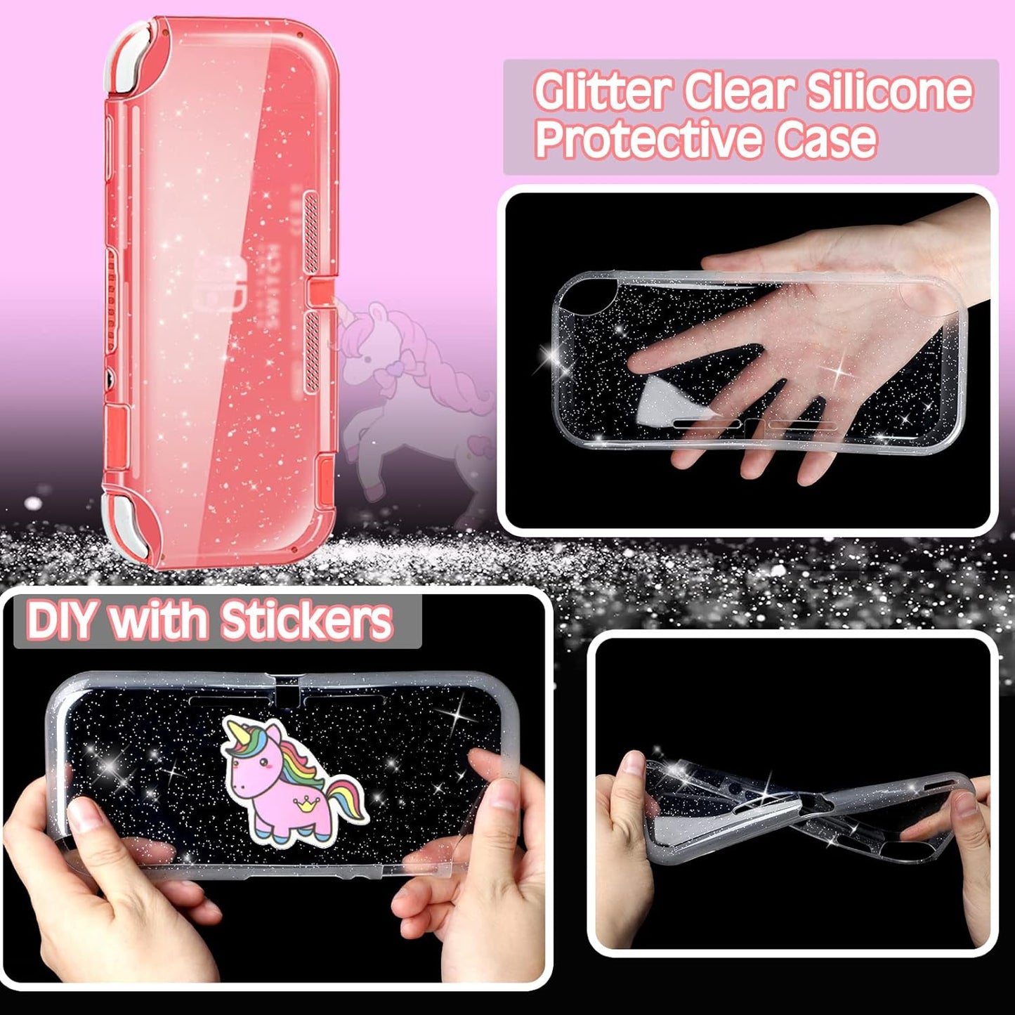 Pink Unicorn Carrying Case Compatible with Nintendo Switch Lite with Crystal Glitter Soft Protective Case Cover+Screen Protector+Stickers, Hard Storage Case Accessories Kit for Girls Birthday Gift